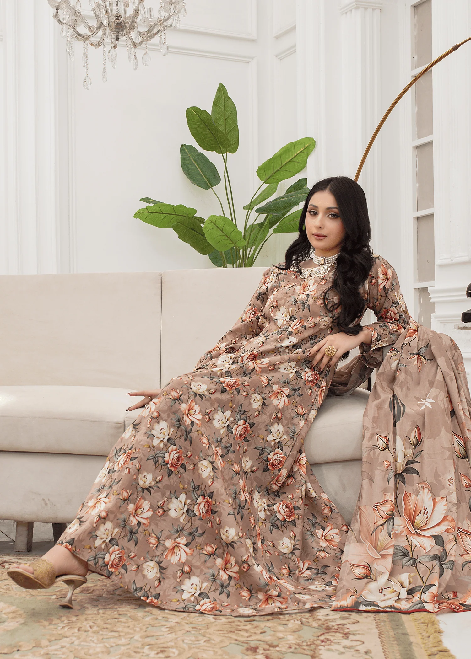 lawn Pishwas in Dark brown
