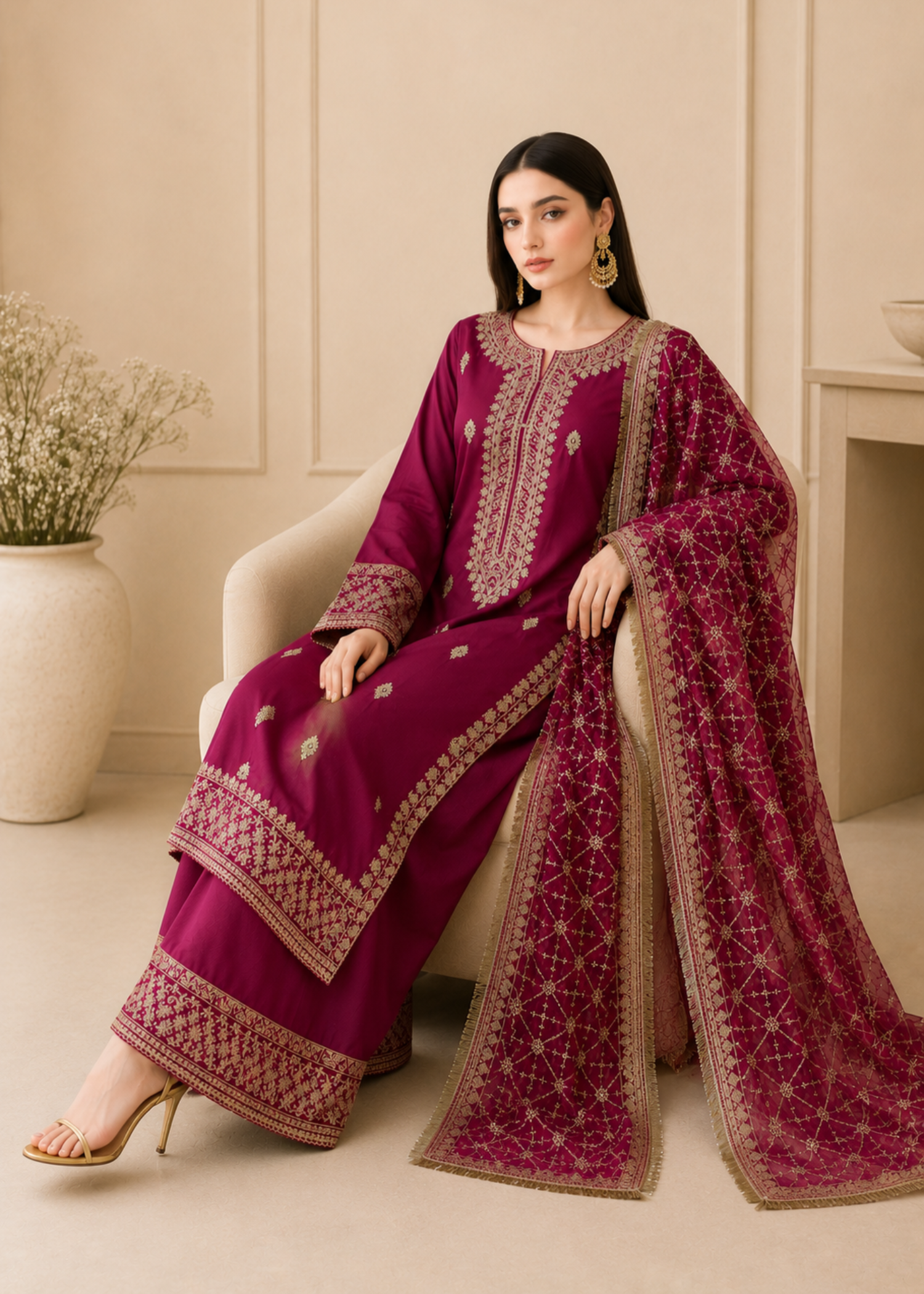 kattan silk Kurta Set in Deep pink