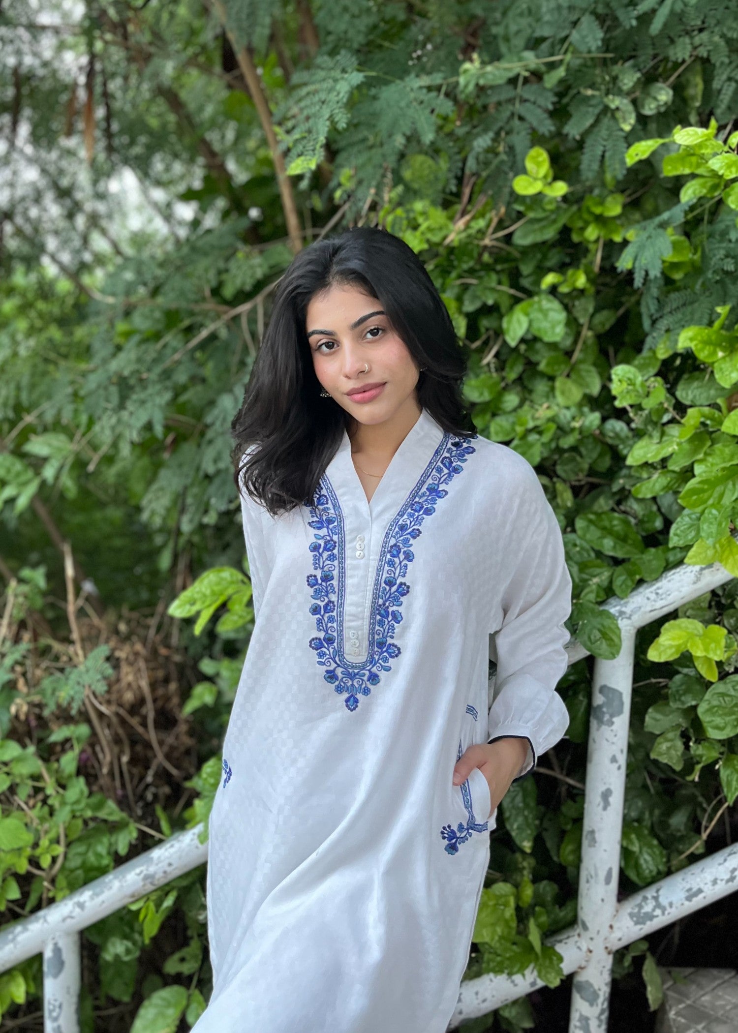 self jacquard Kurta Set in Off-white
