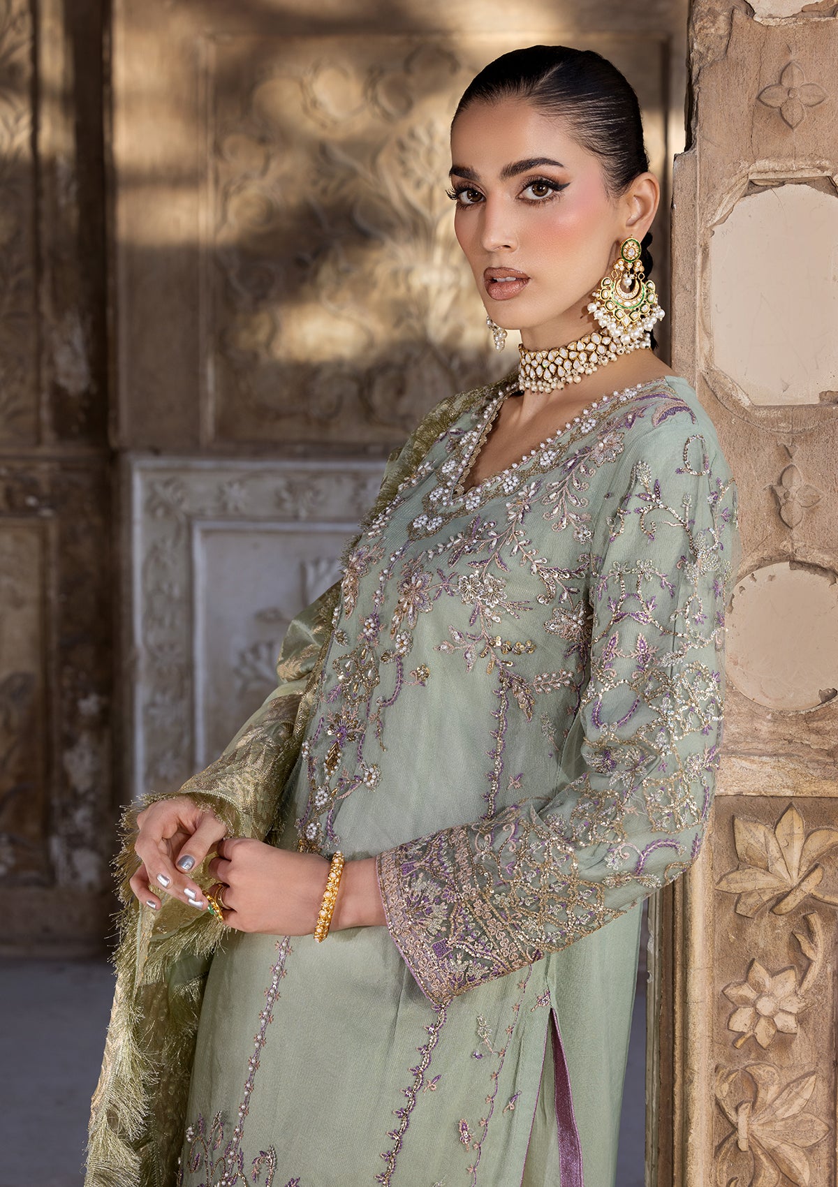net Kurta Set in Moss green