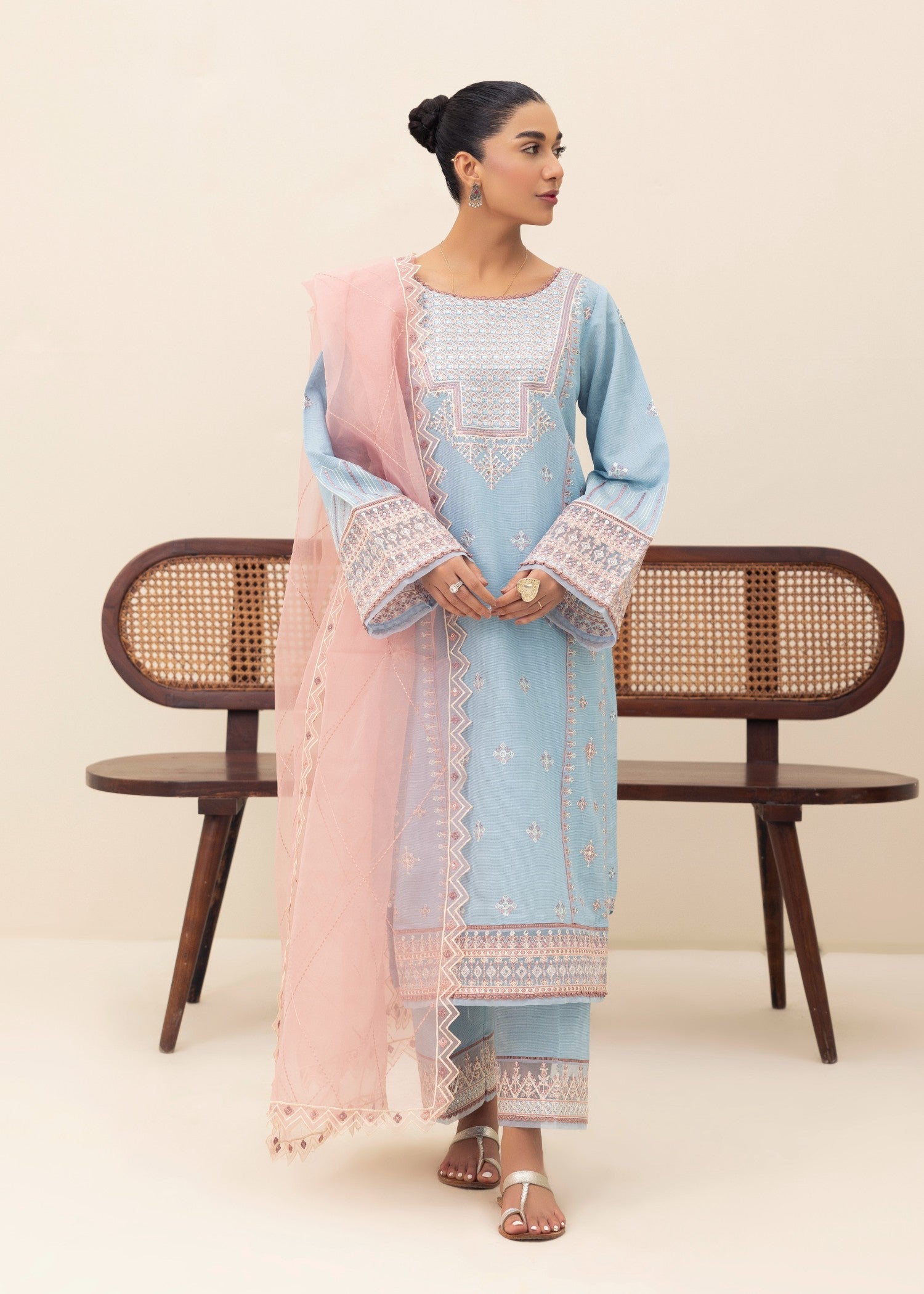 chambray Kurta Set in Light blue