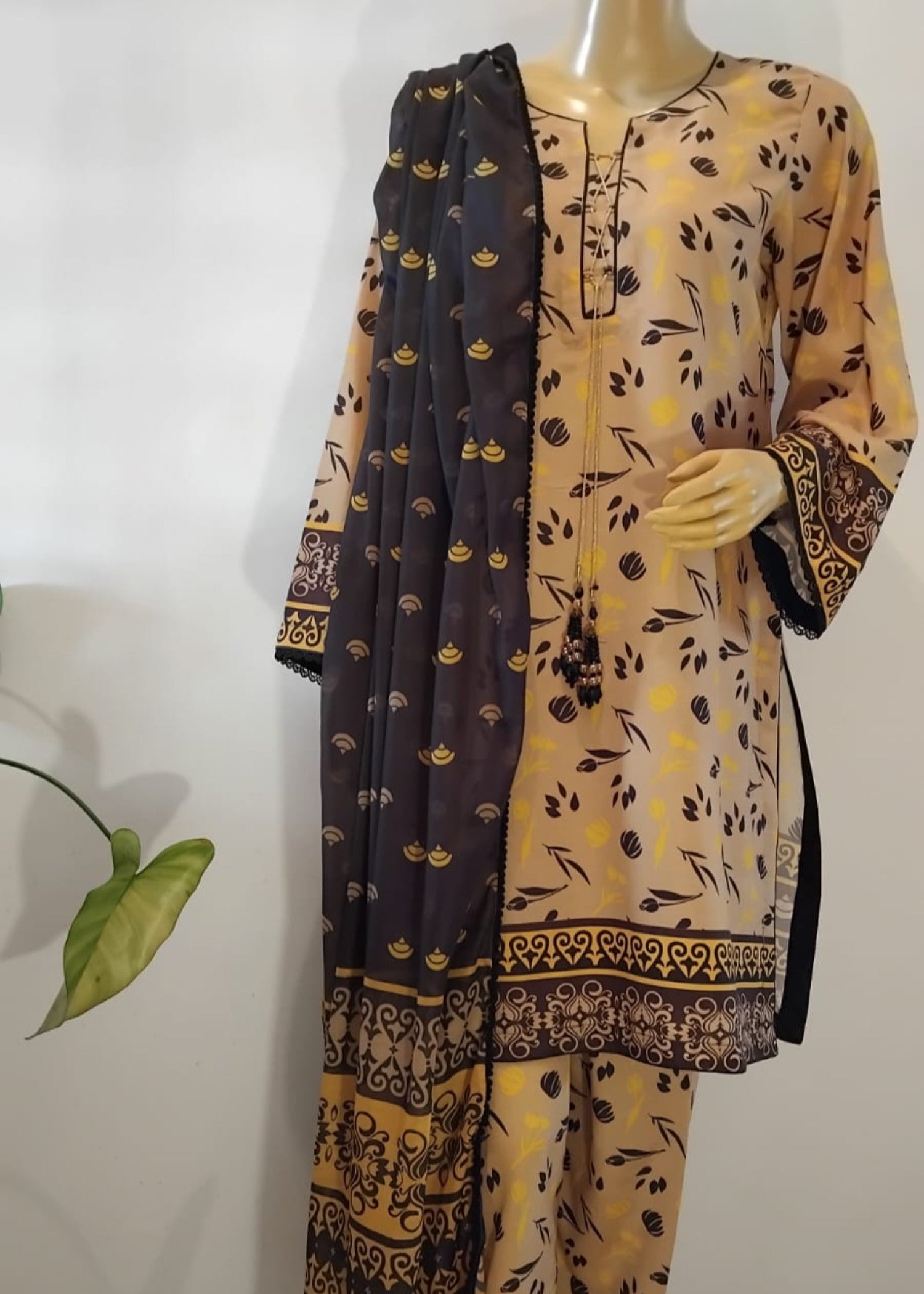 silk finish lawn Unstitched in Black, gold, mustard