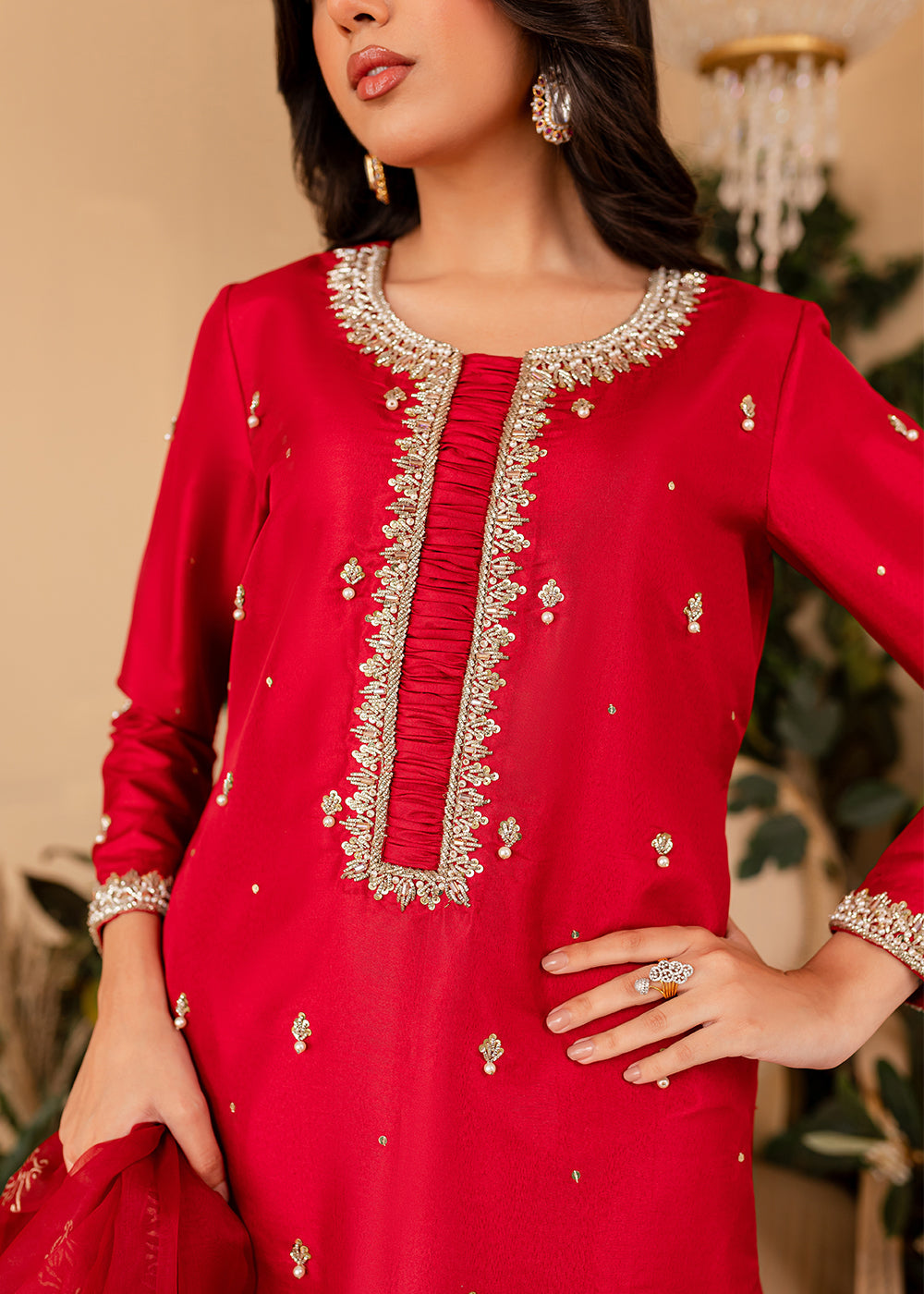 raw silk Kurta Set in Red