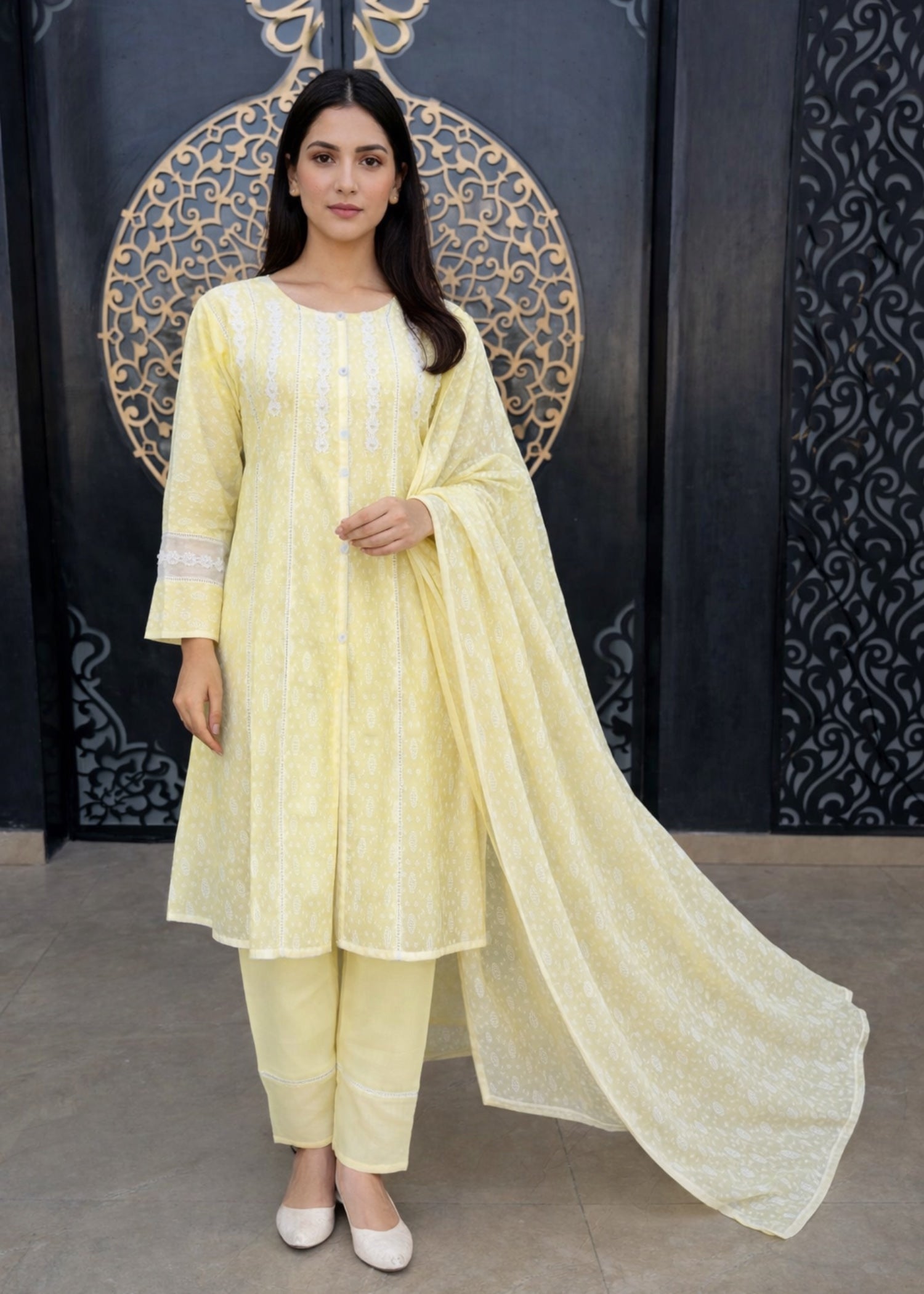 paper lawn Short Frock in Lemon