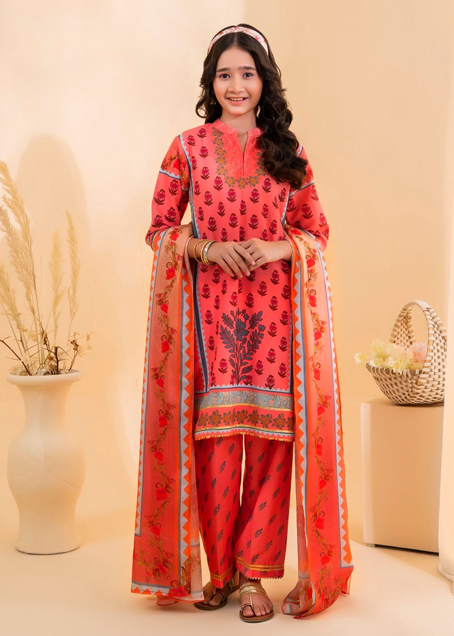 poly lawn Kurta Set in Coral red