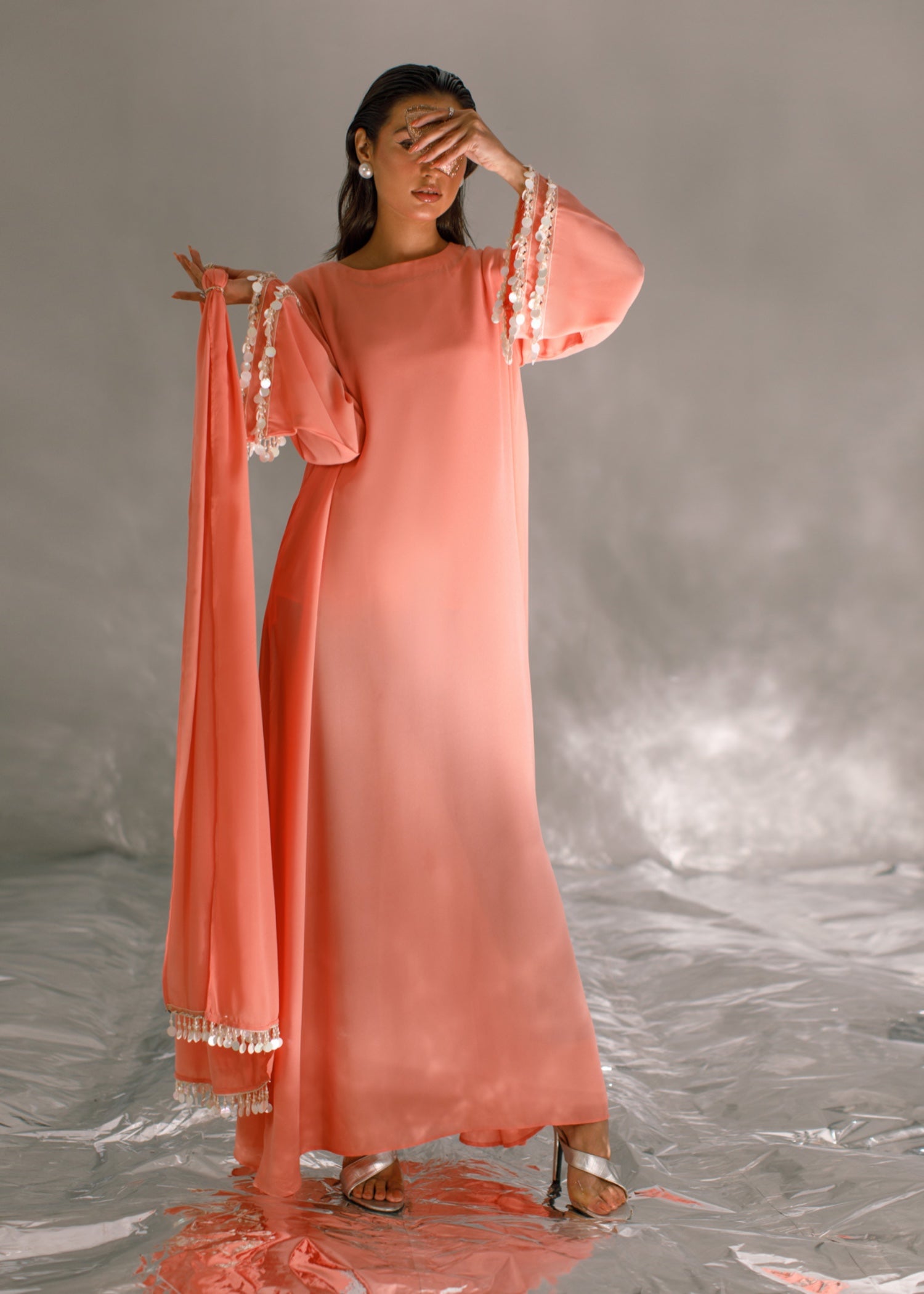crepe georgette Kaftan in Peach pink