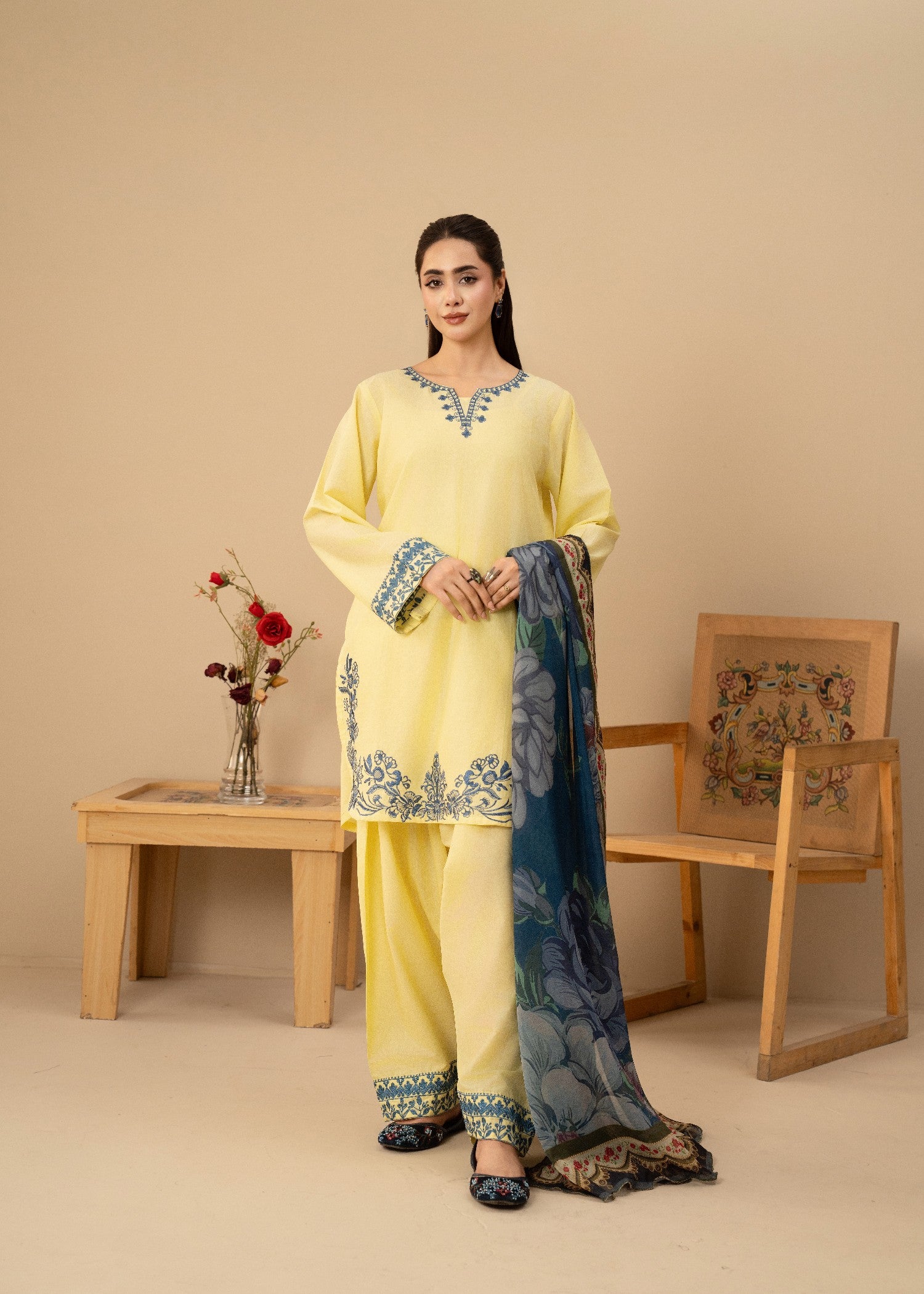 lawn cotton Kurta Set in Yellow, butter