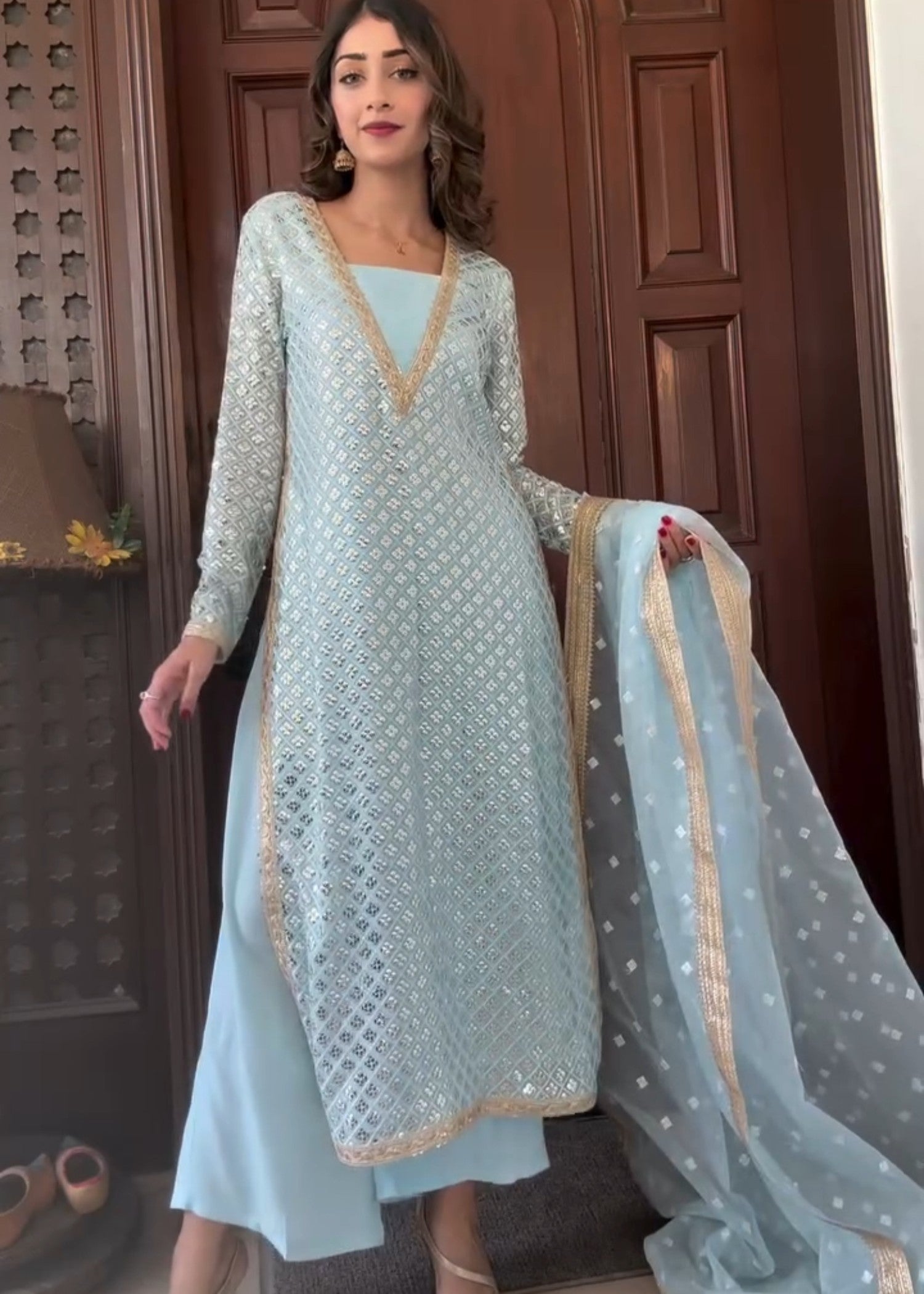 bemberg crinkle chiffon Kurta Set in Ice blue