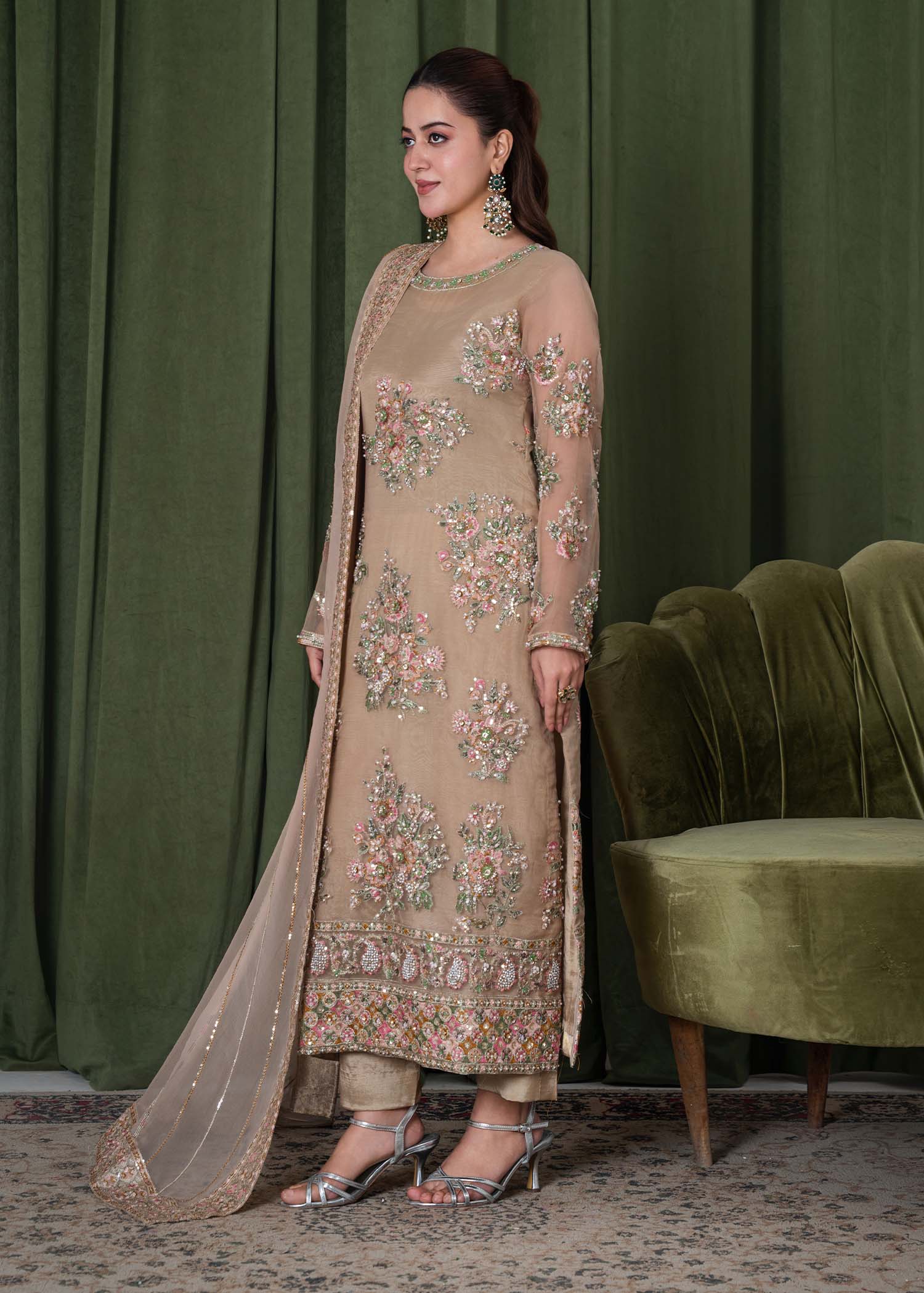 organza Kurta Set in Tan brown