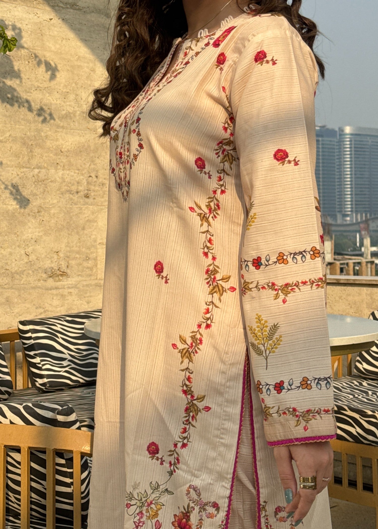 dobby Kurta Set in Beige