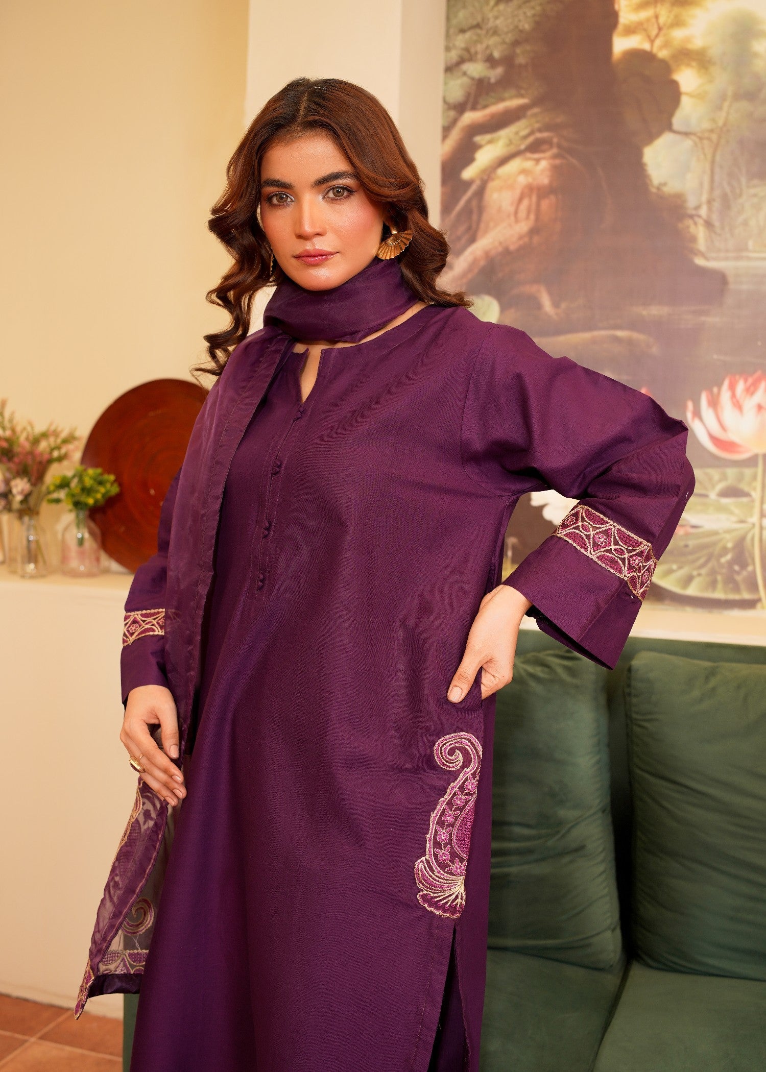cotton Kurta Set in Red violet