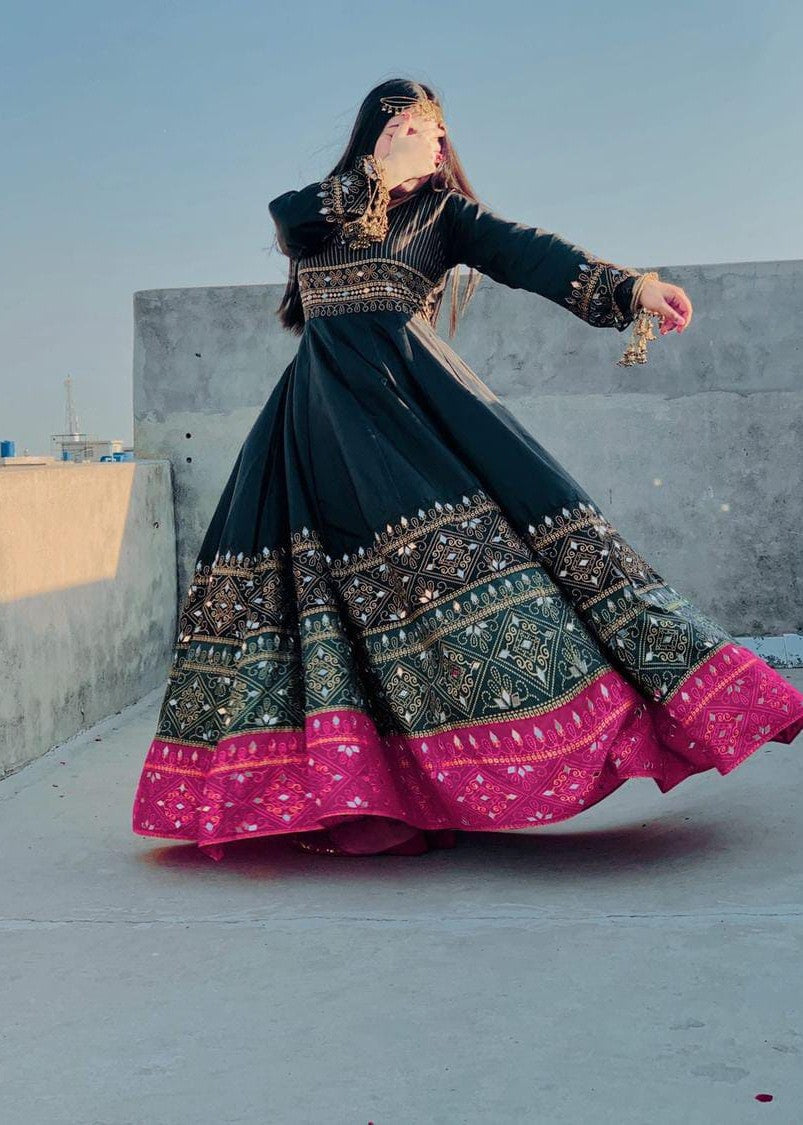 satin silk Anarkali in Black