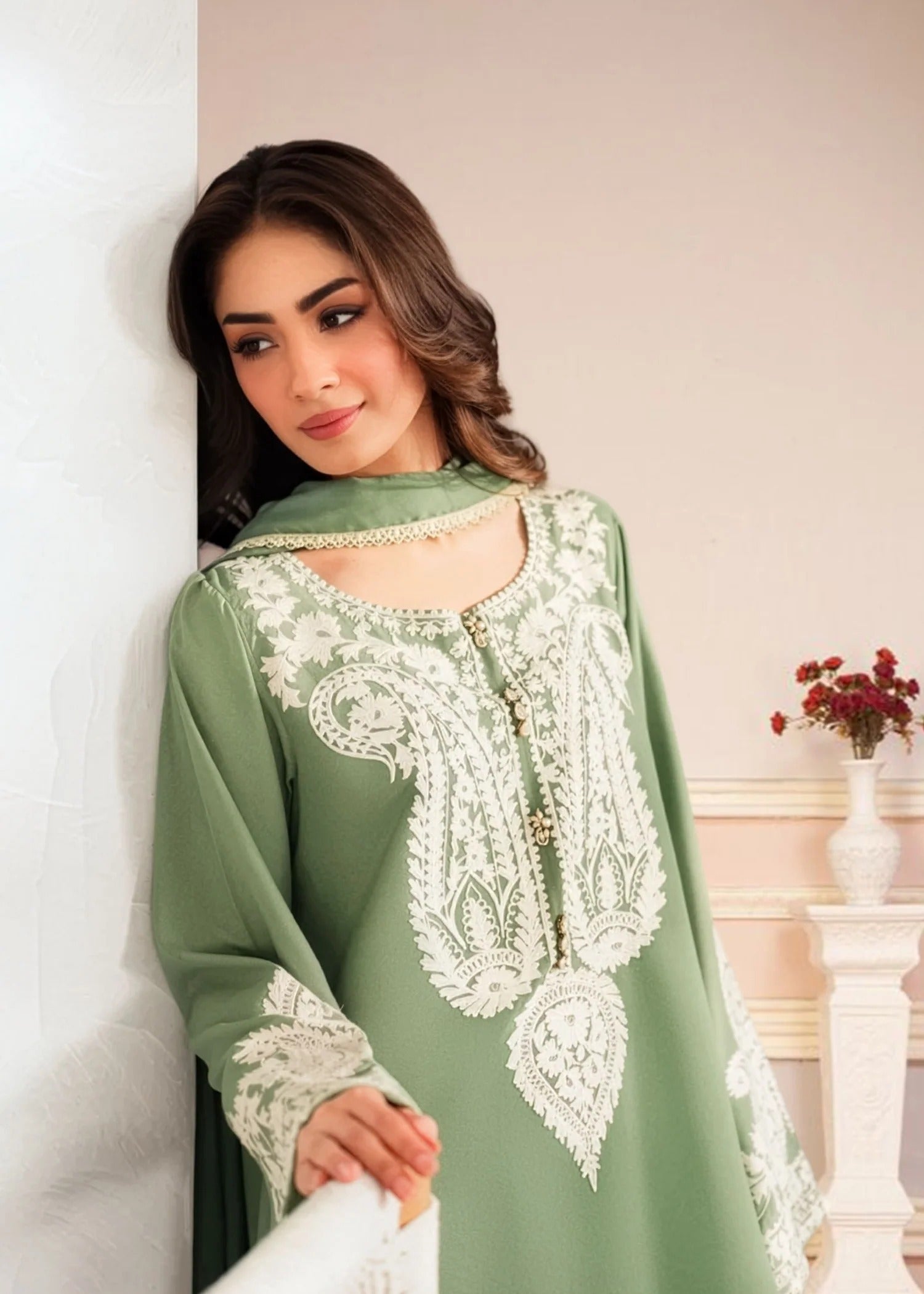 khaddar Kurta Set in Jade green