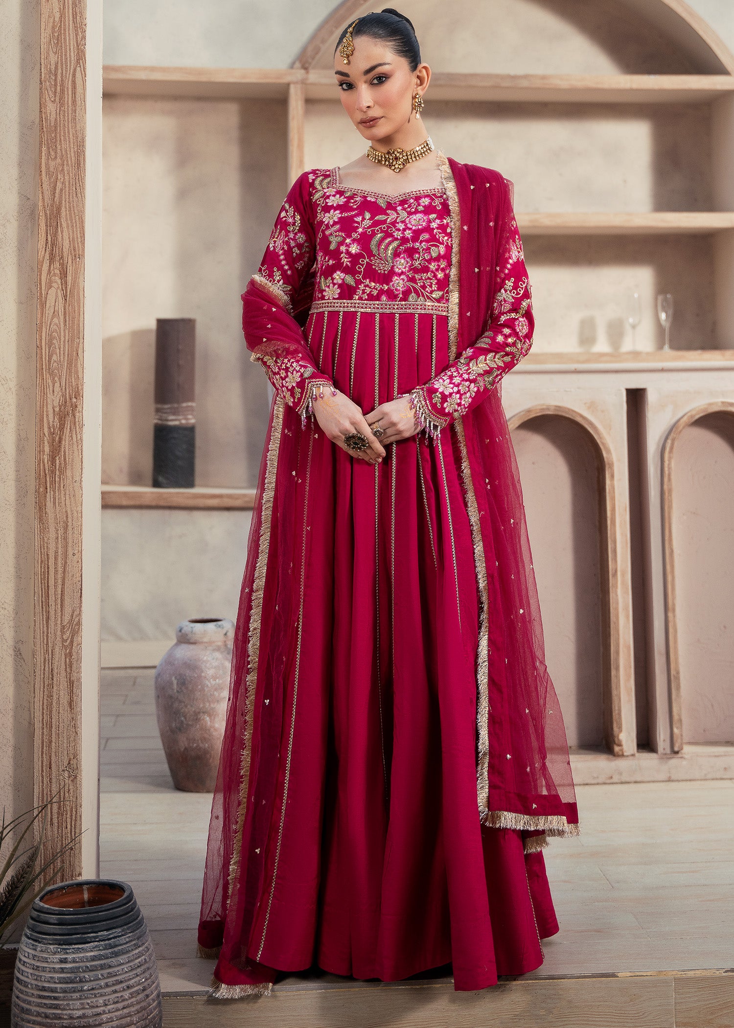 raw silk Pishwas in Shocking pink