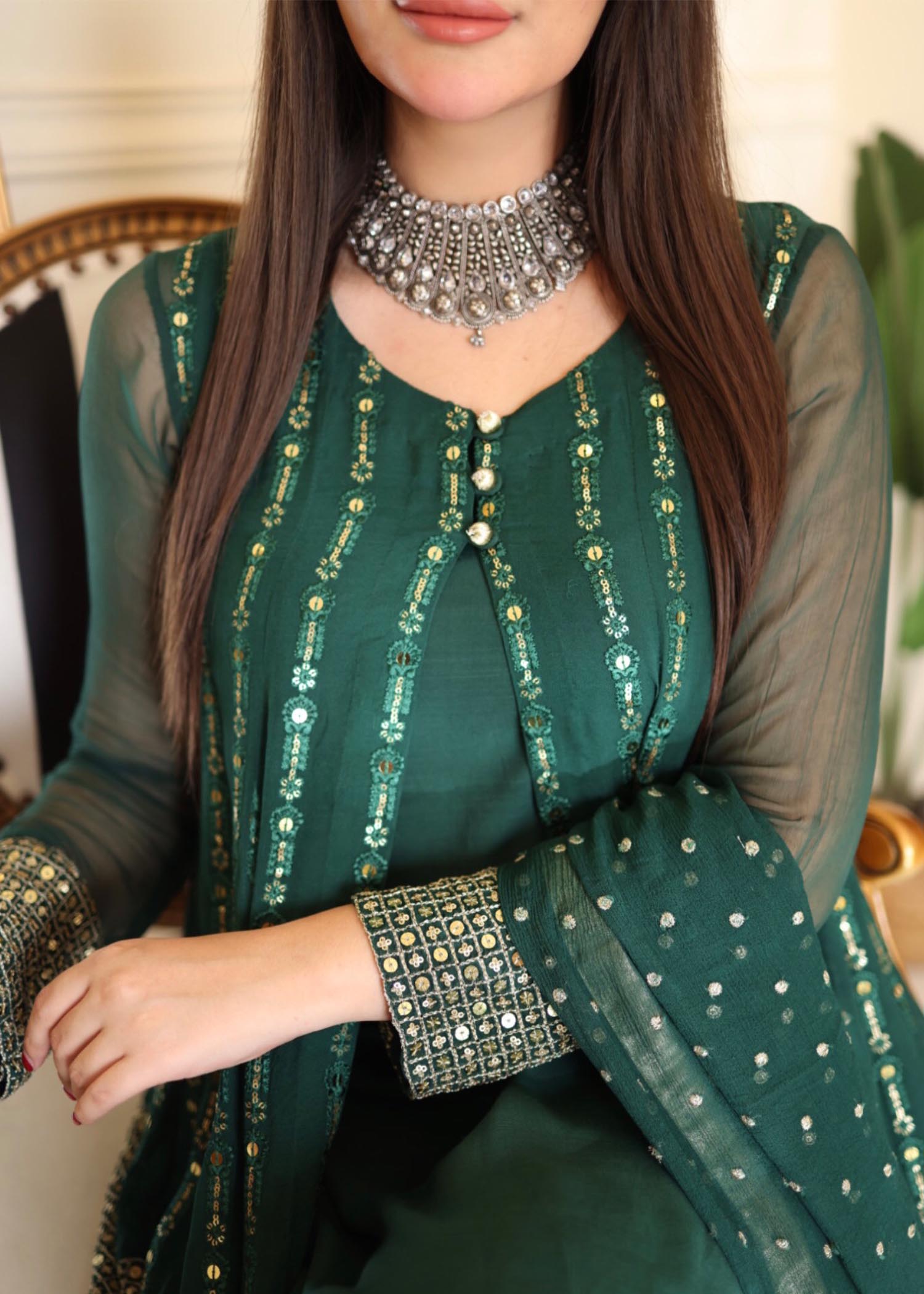 chikankari cotton Gown in Bottle green