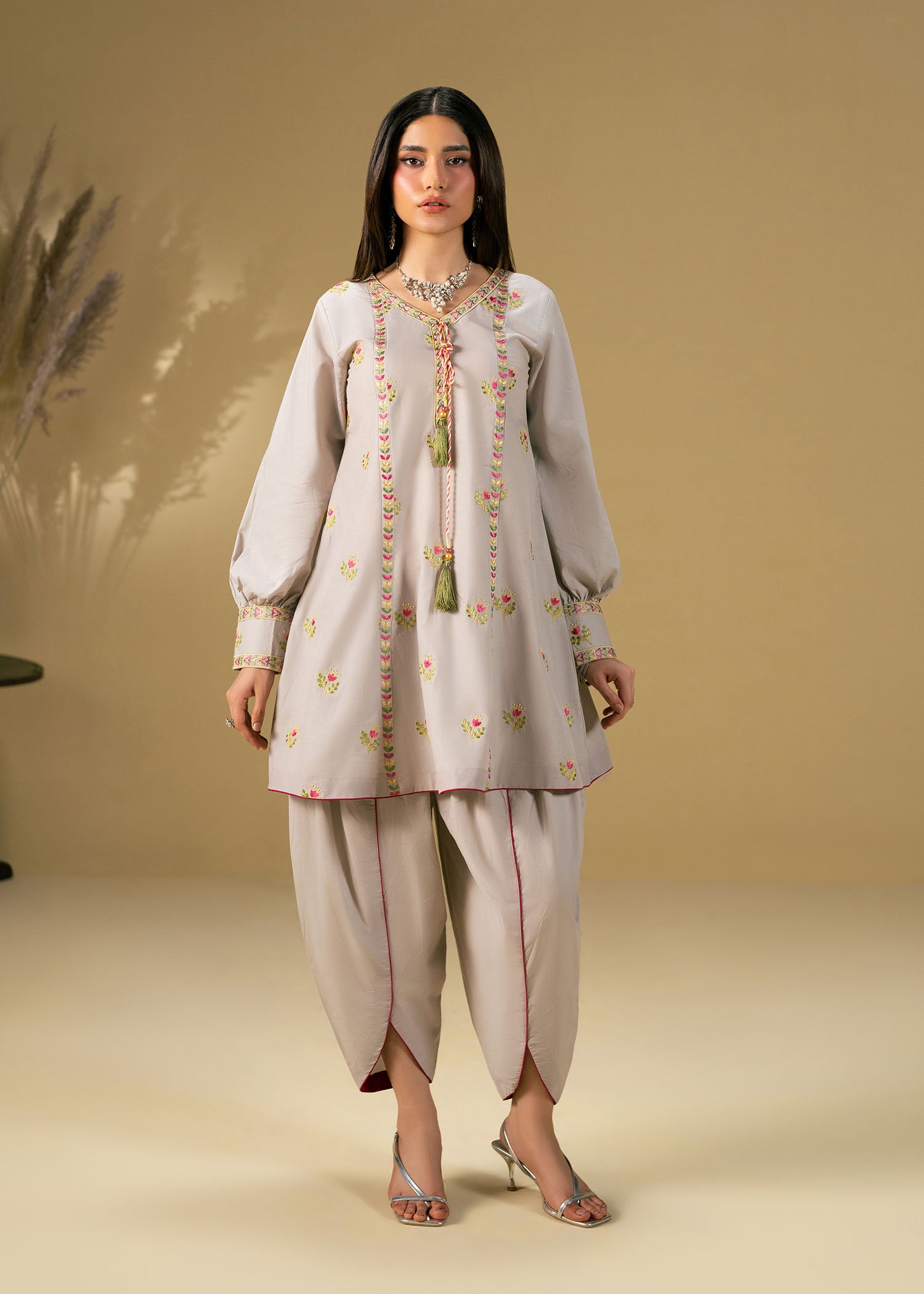 lawn Short Frock in Light grey
