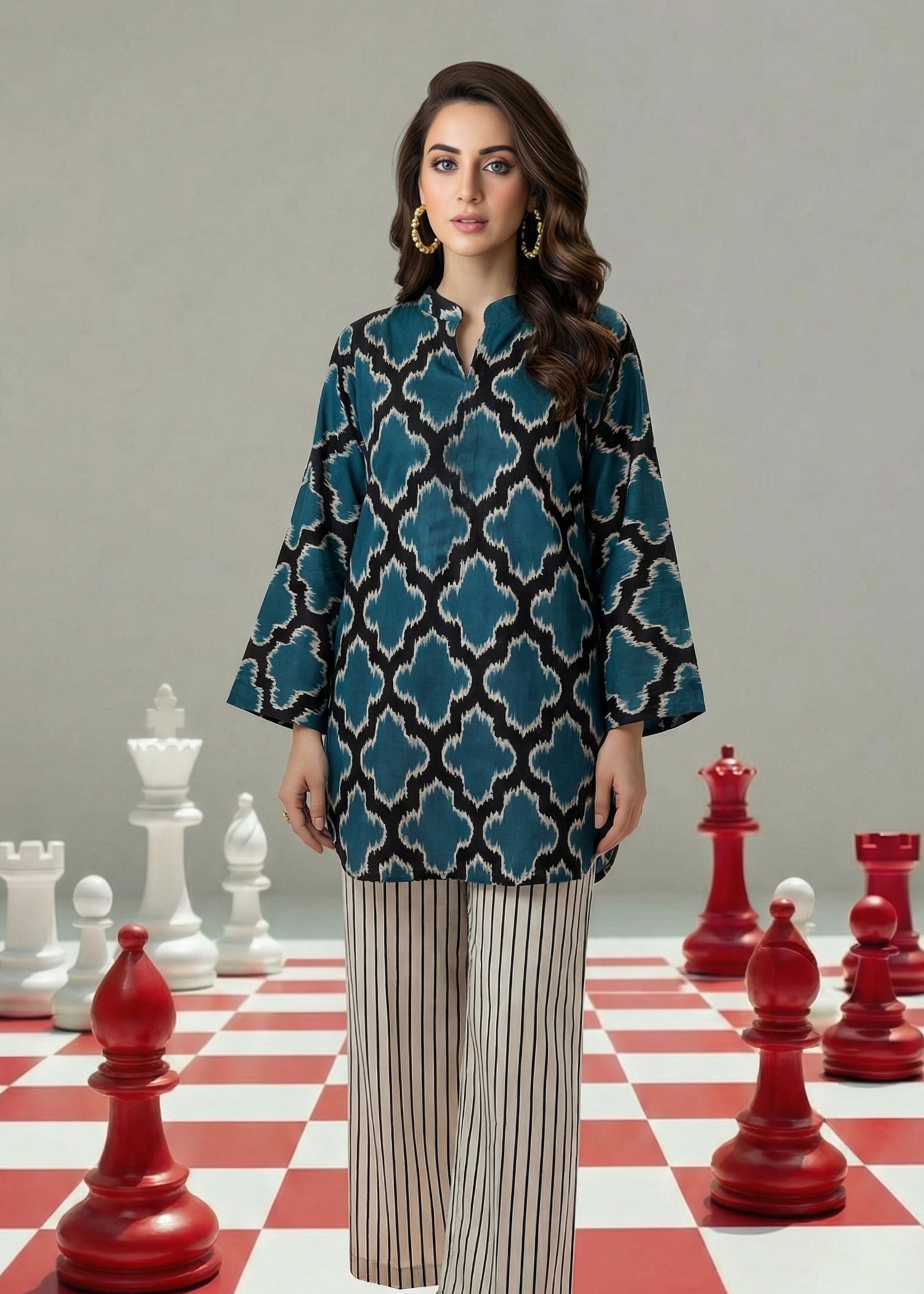 slub lawn Kurta Set in Green