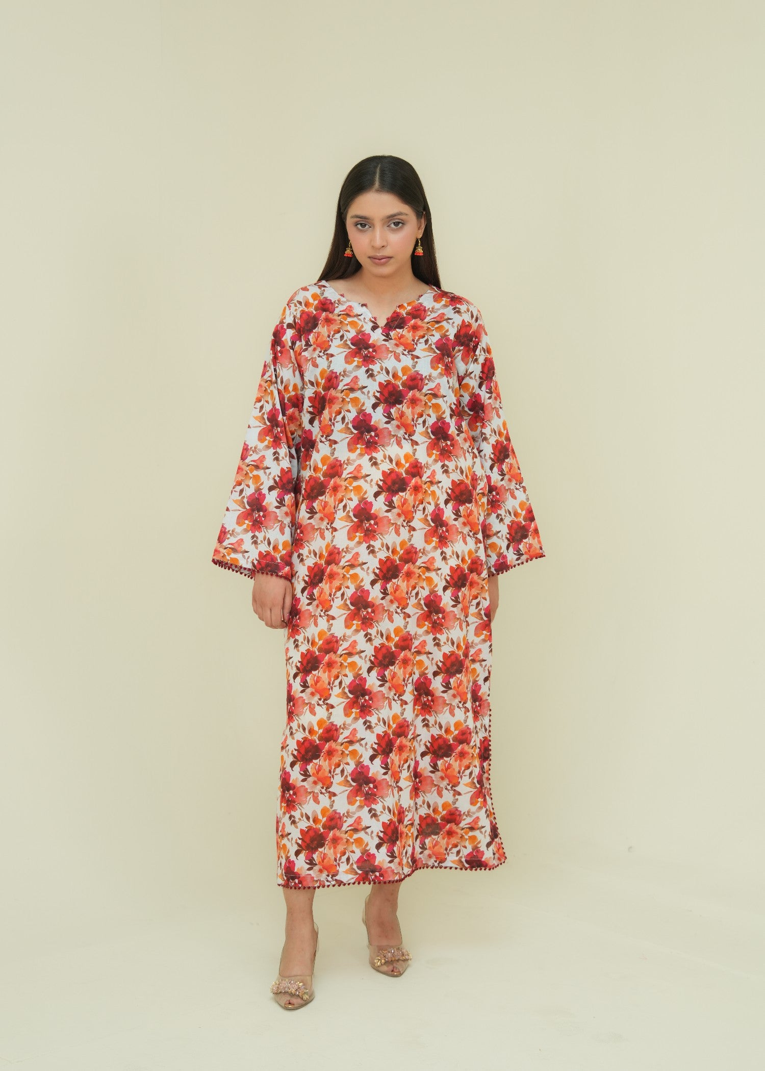 lawn Kaftan in Off-white, mari gold, rose red