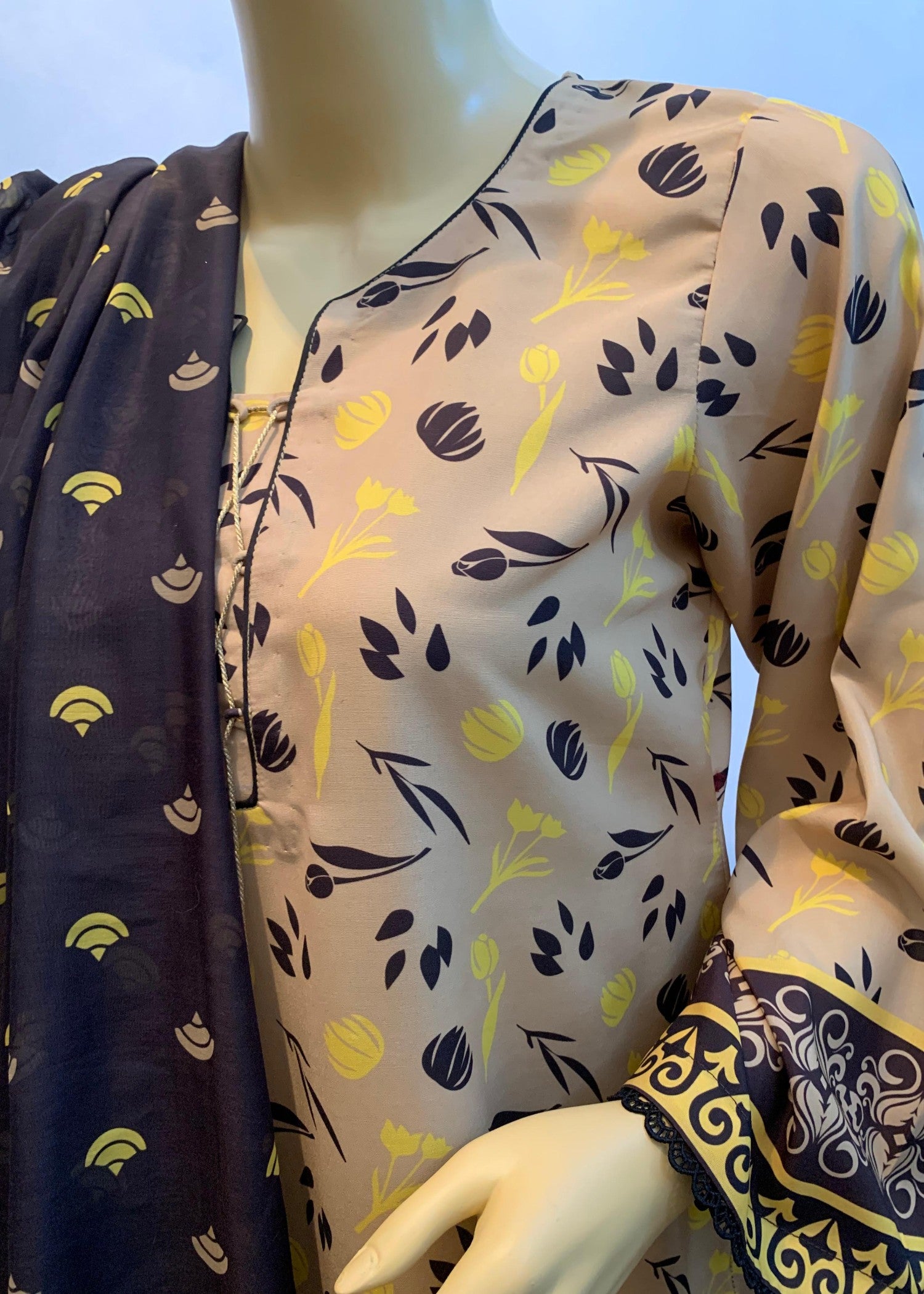 silk finish lawn Unstitched in Black, gold, mustard