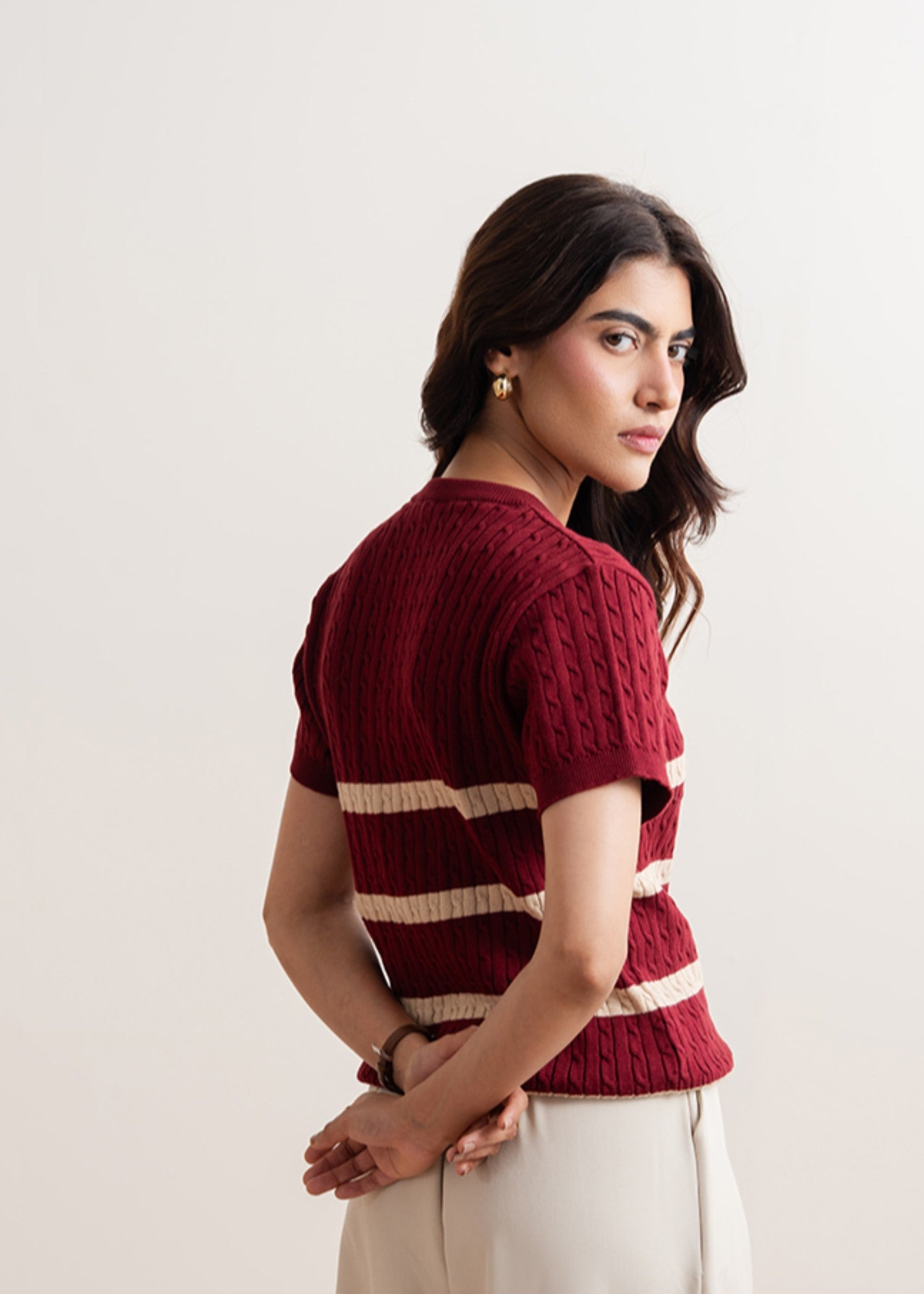 interlock knit T Shirt in Maroon