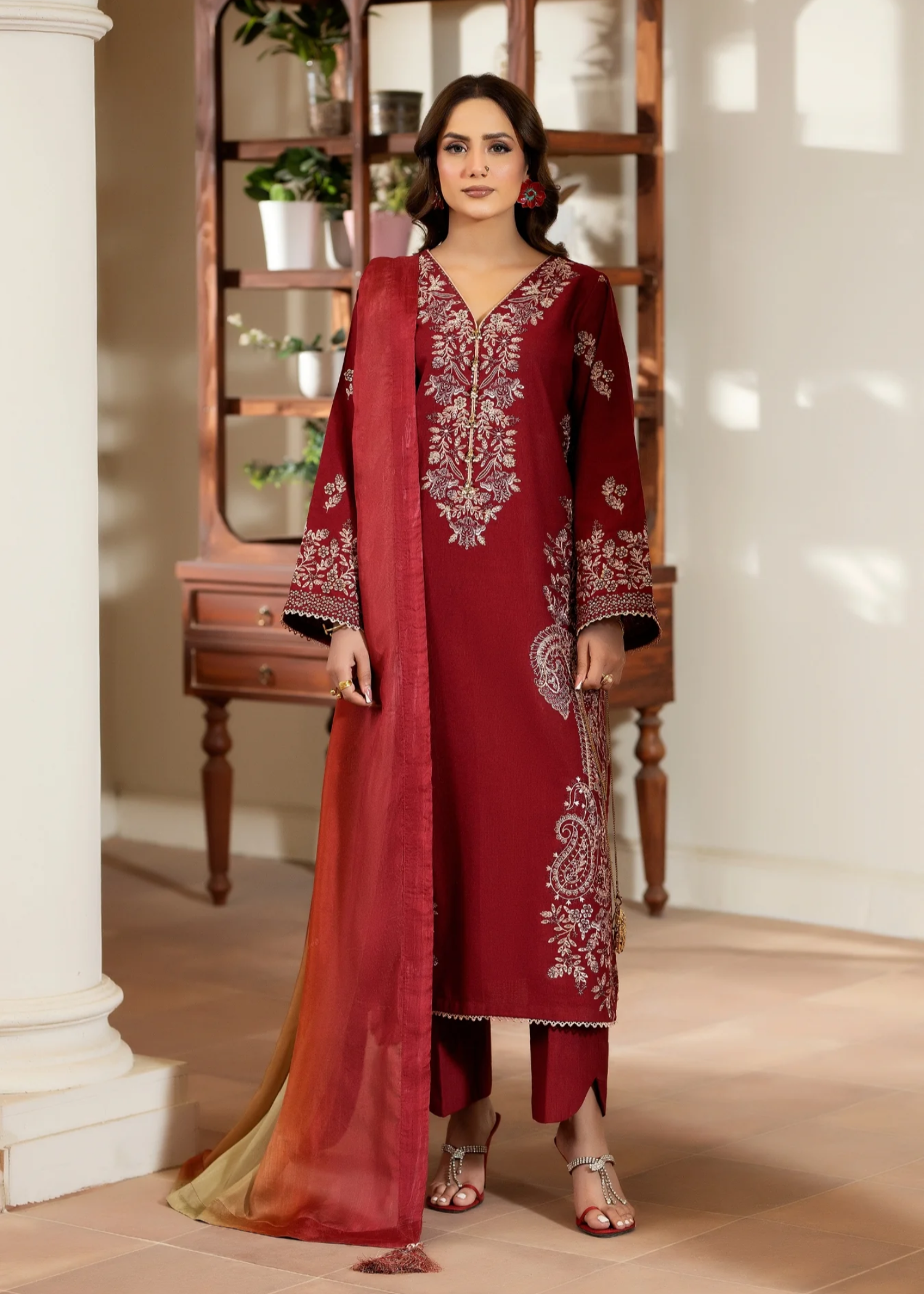 self jacquard Kurta Set in Red