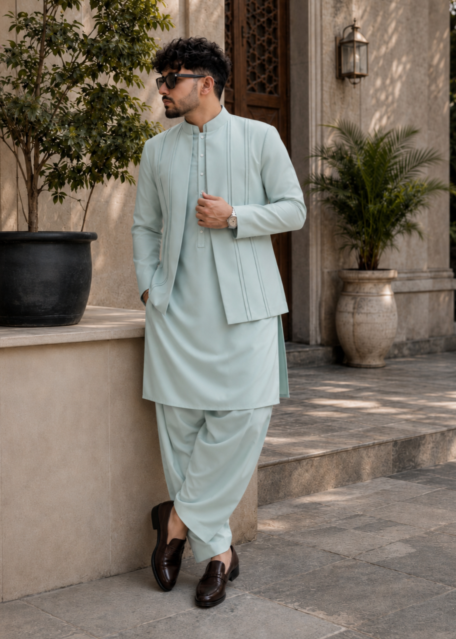 wash & wear Prince Coat in Mint green