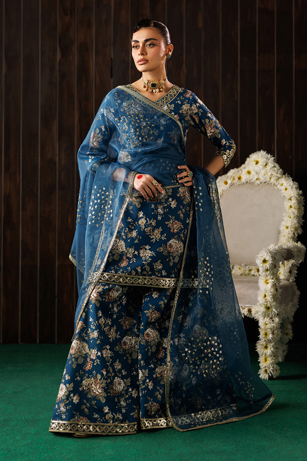 zari organza Sharara in Teal