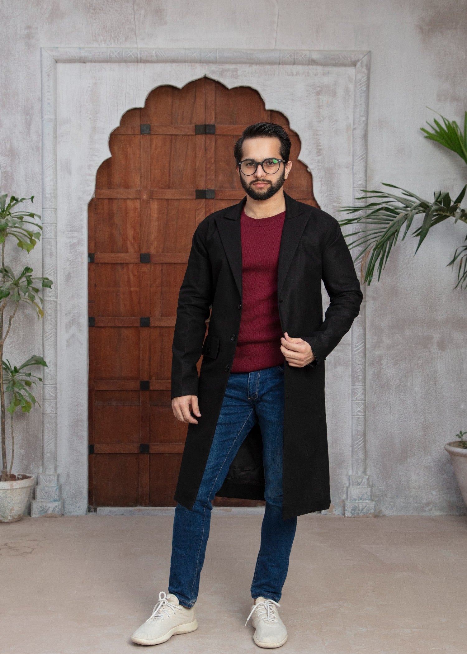 twill khaddar Coat in Black