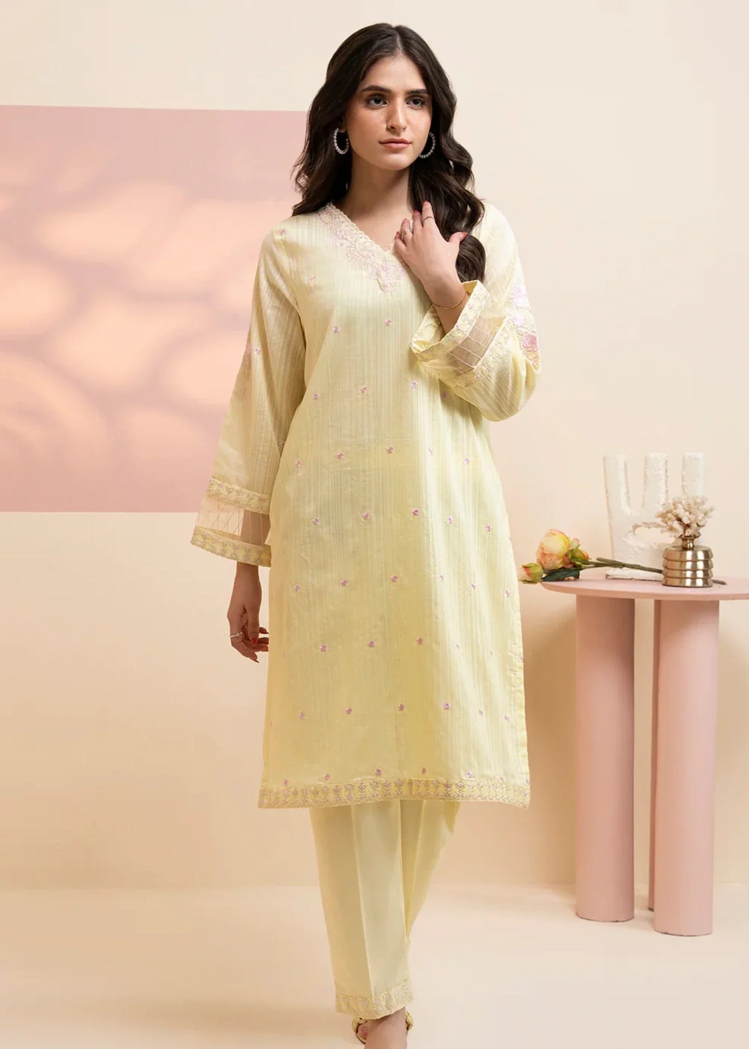 polyester Kurta Set in Light yellow