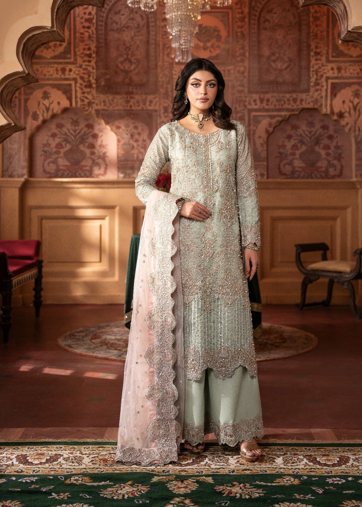 net Kurta Set in Mint green