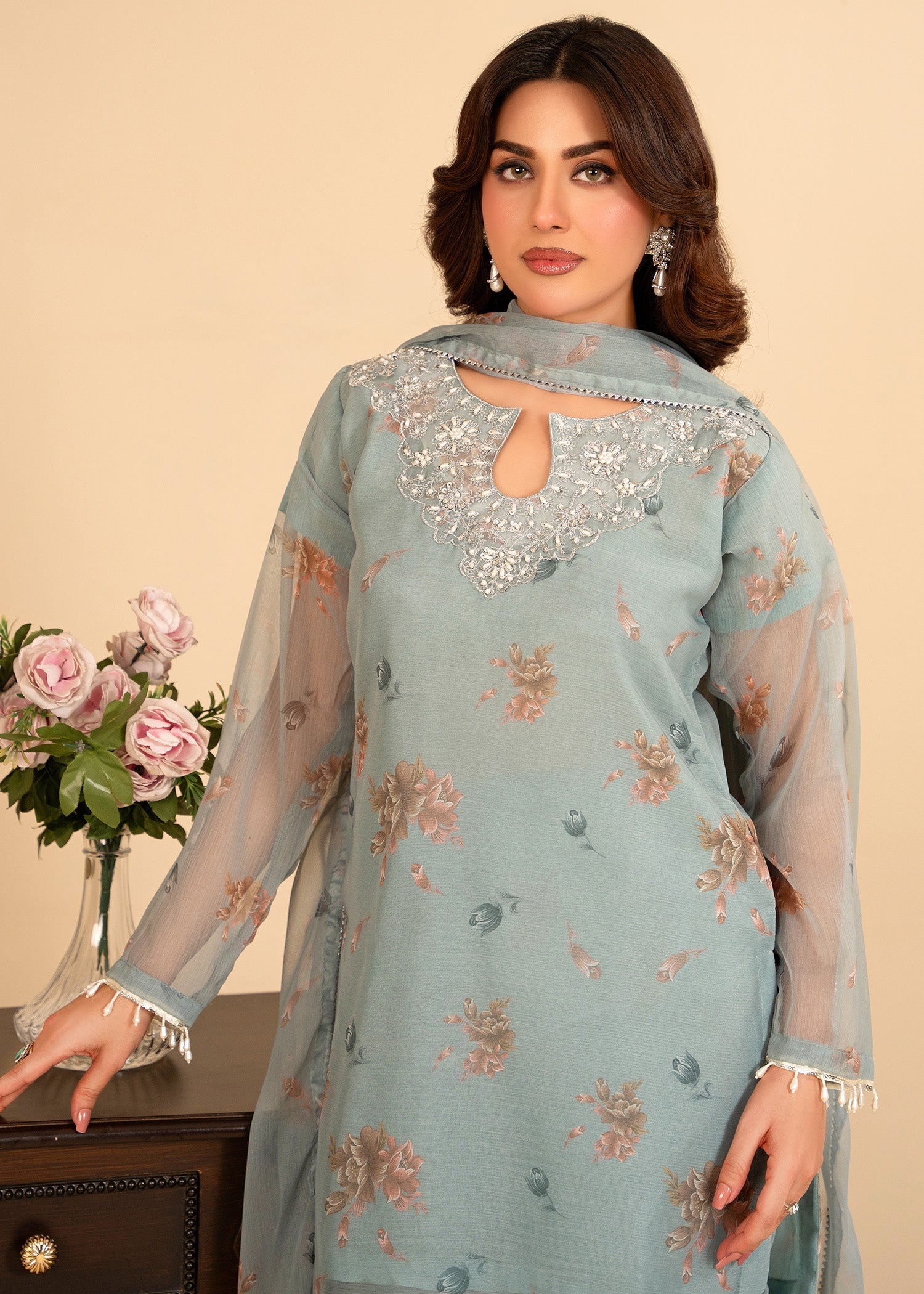 bemberg crinkle chiffon Gharara in Ice blue
