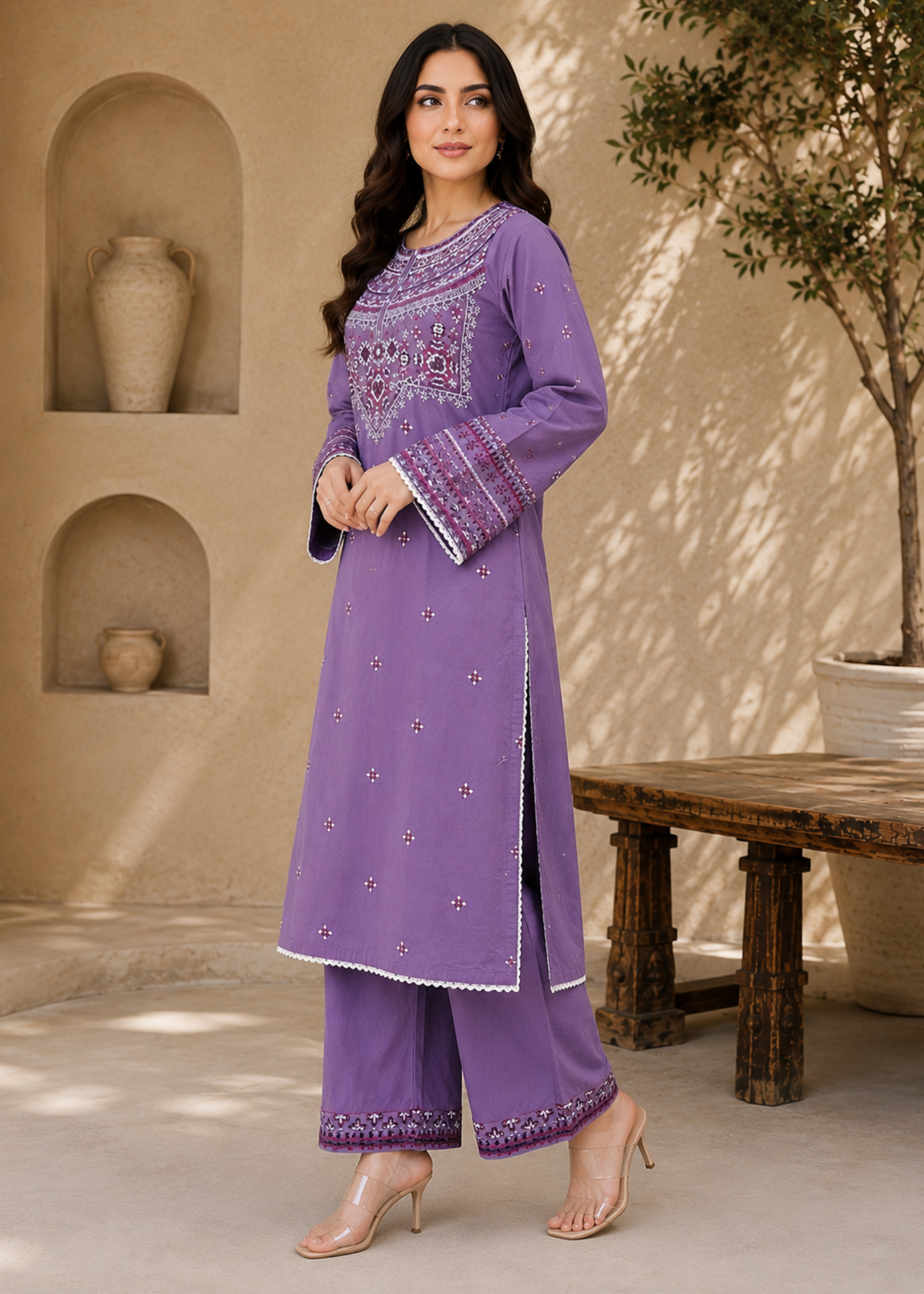 lawn cotton Kurta Set in Heathered lilac
