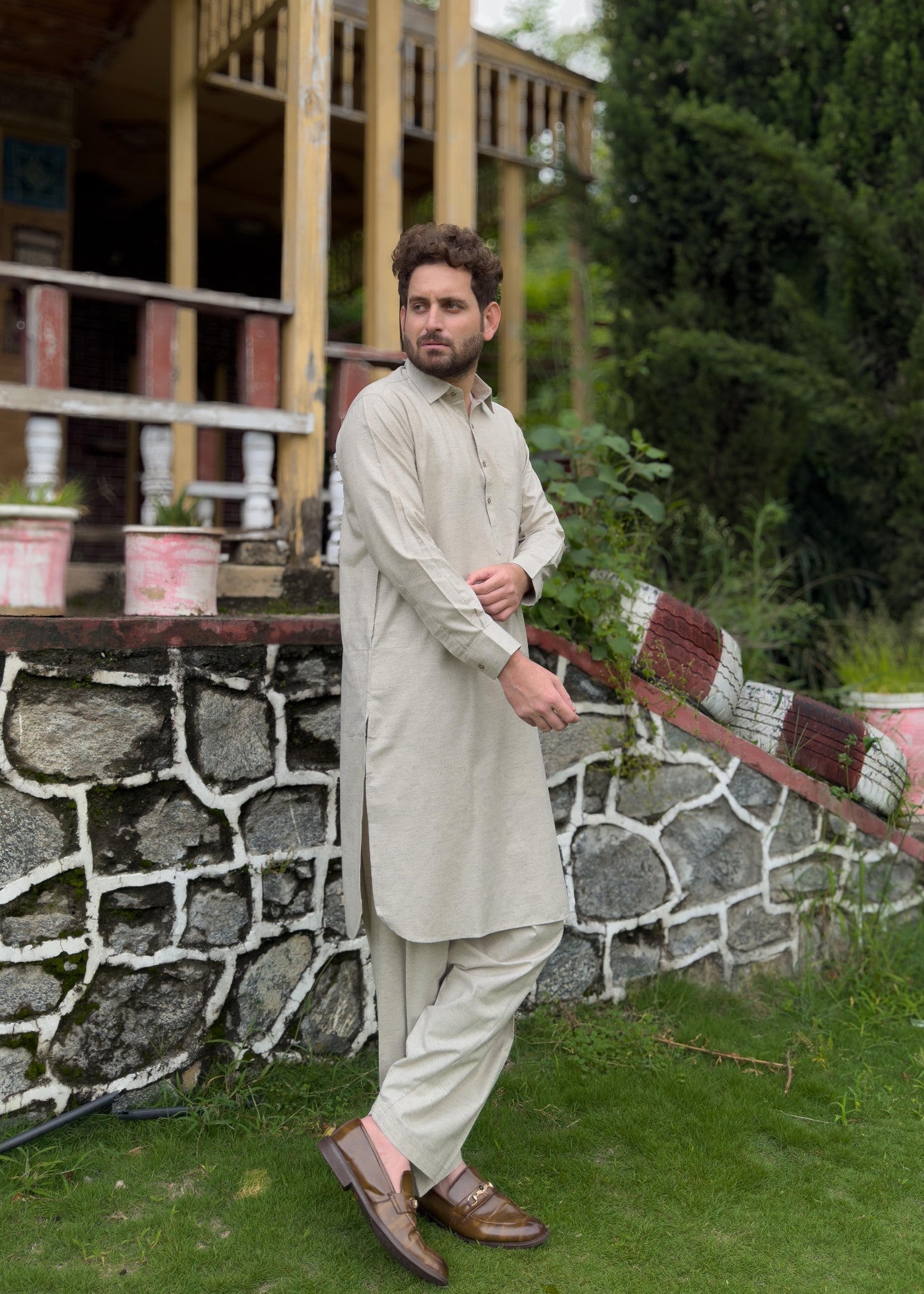 blended karandi Shalwar Kameez in Ivory