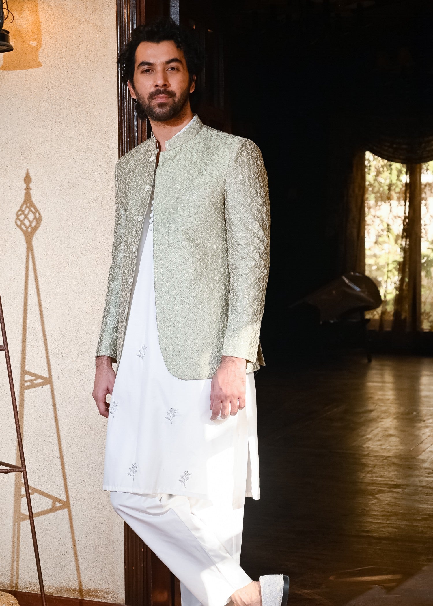 raw silk Prince Coat in Sage green