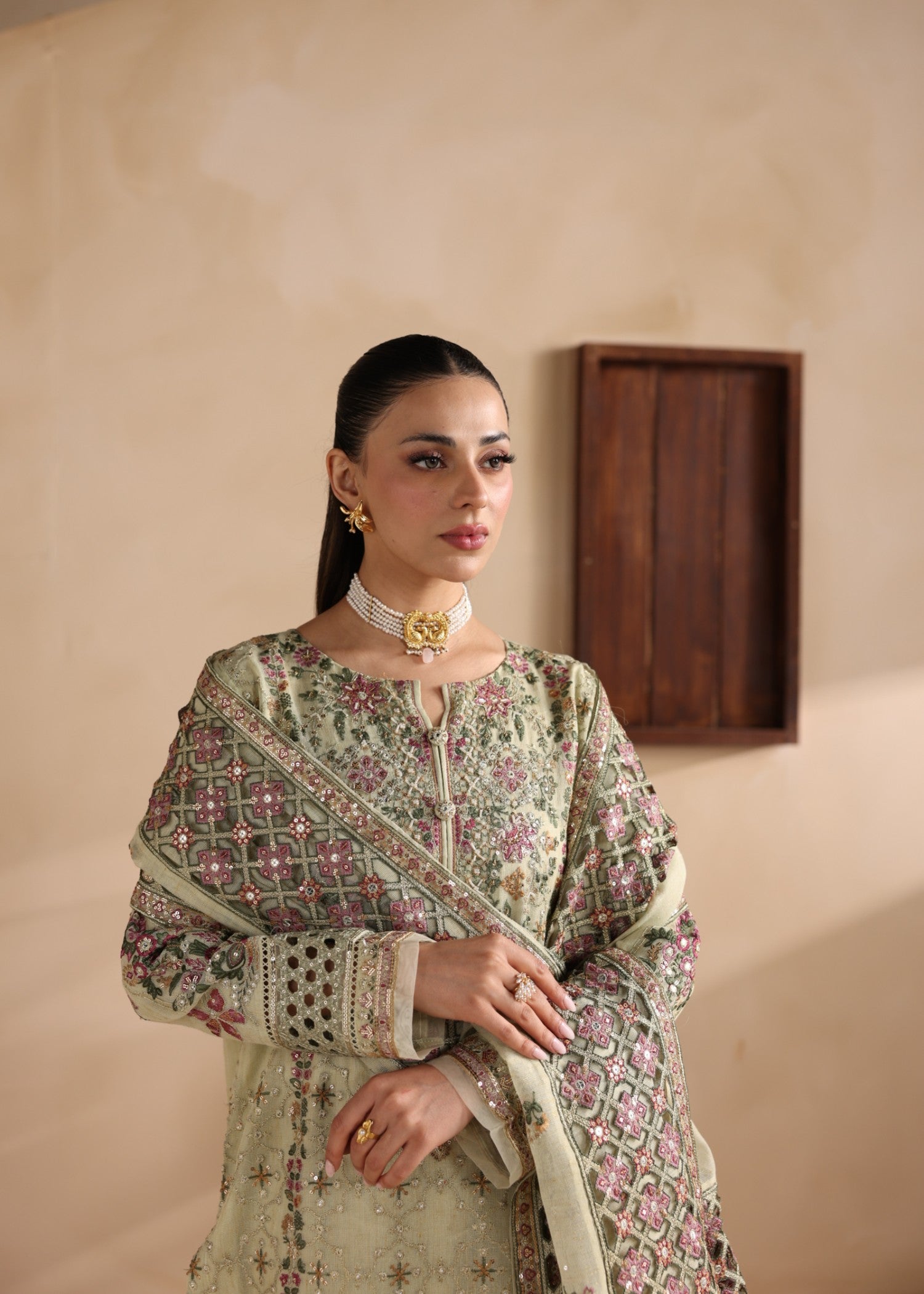 khaddi net Kurta Set in Pistachio green