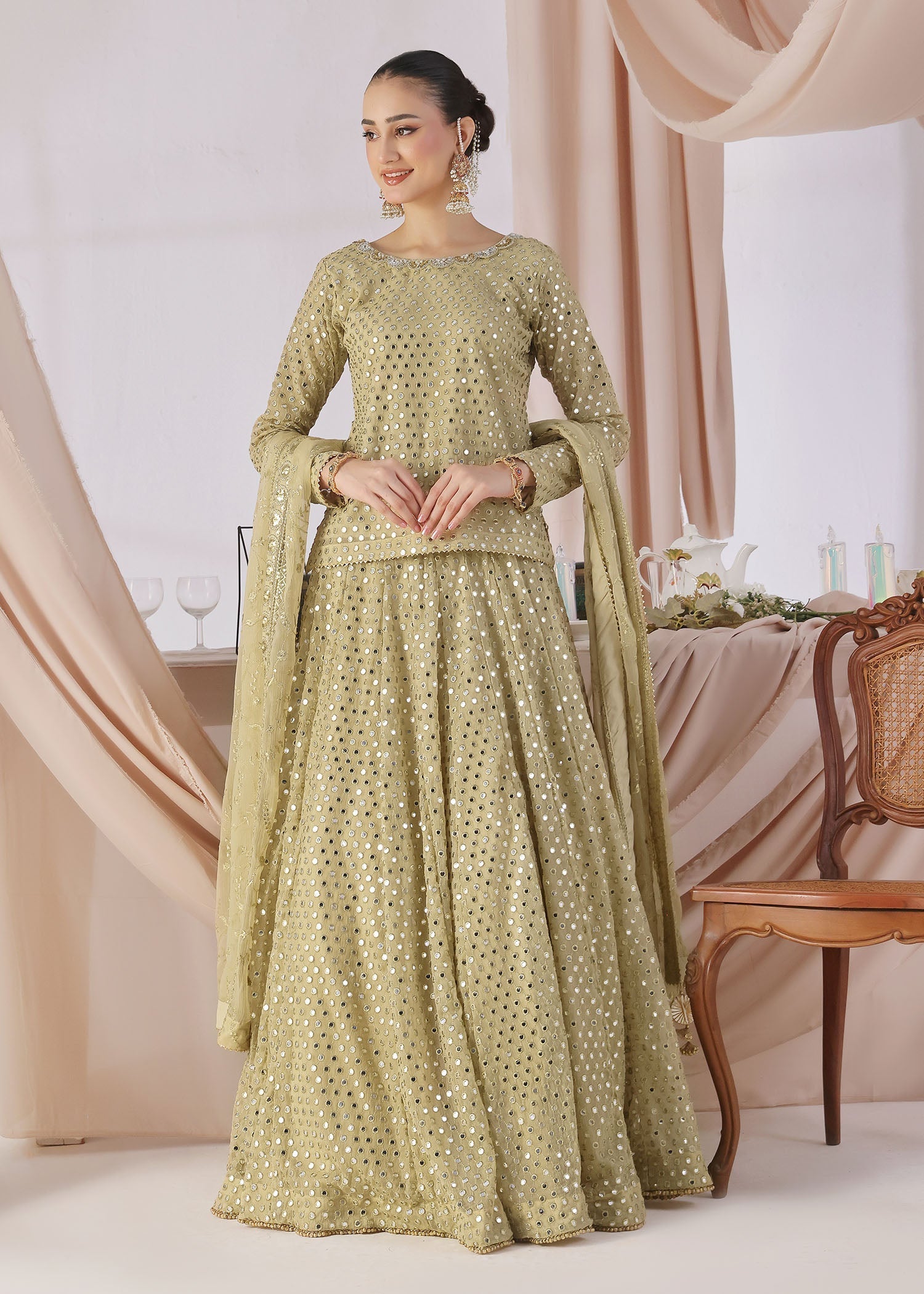 chiffon Lehenga in Pistachio green