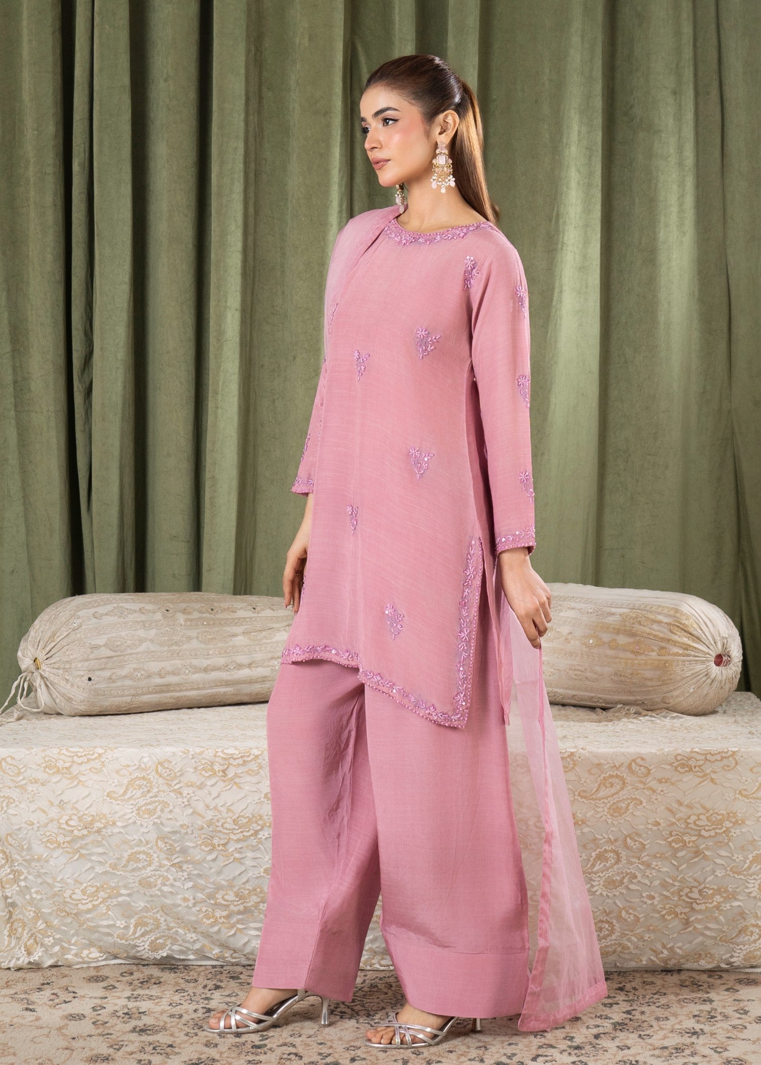 silk grip Kurta Set in Tea rose pink