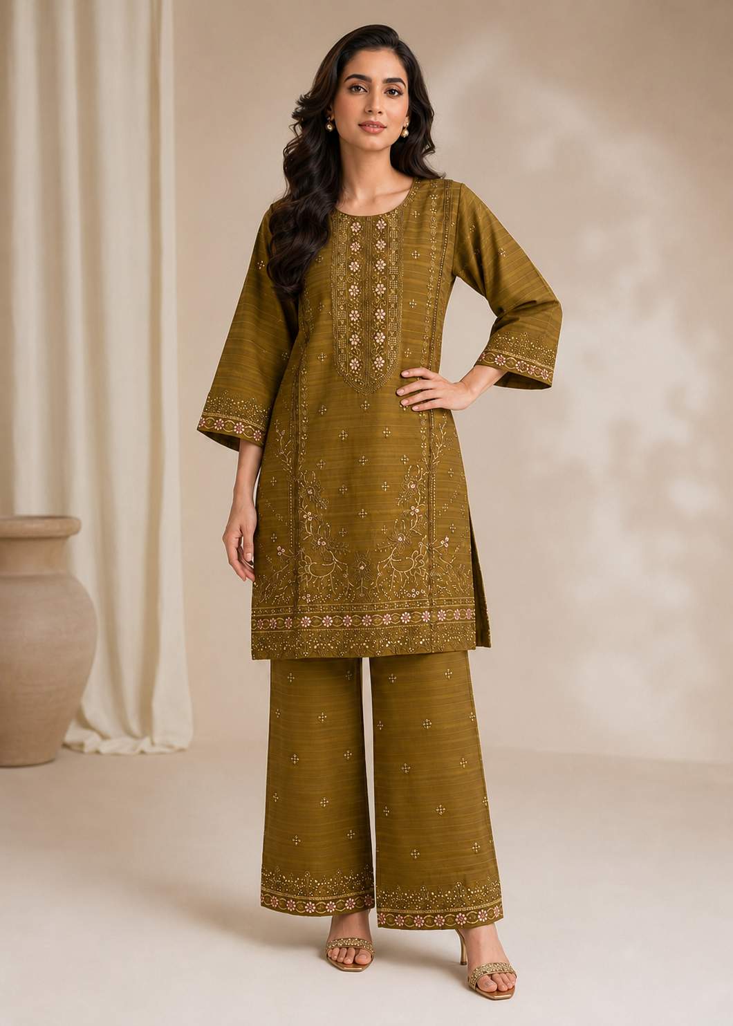 jacquard Kurta Set in Olive green