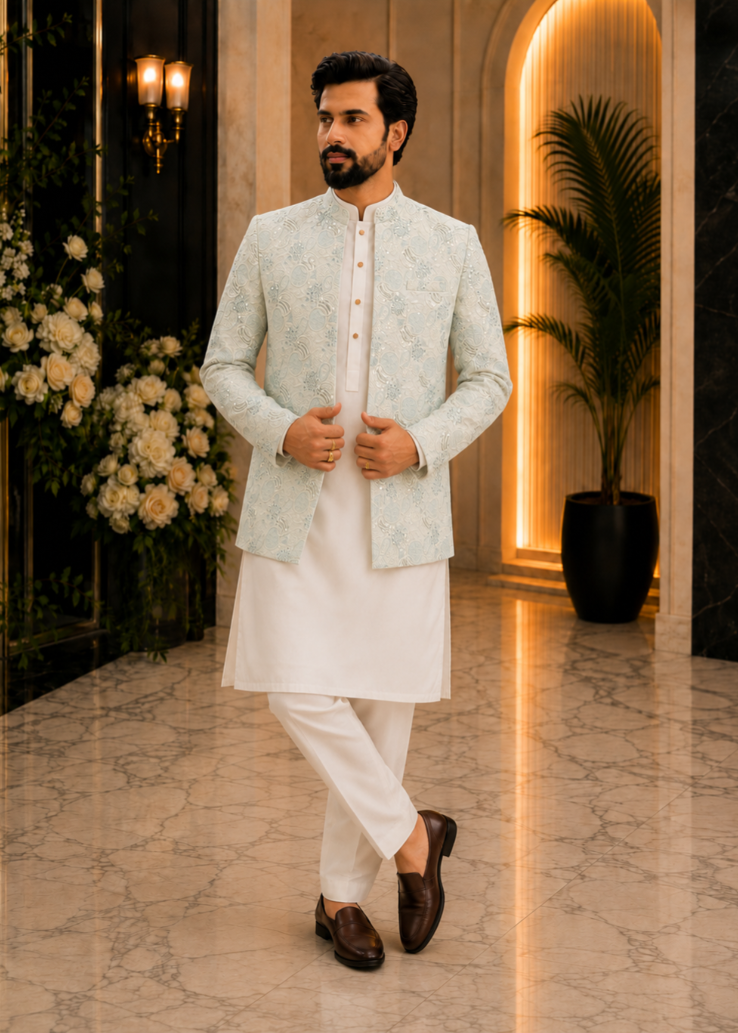 jamawar Prince Coat in Aquamarine