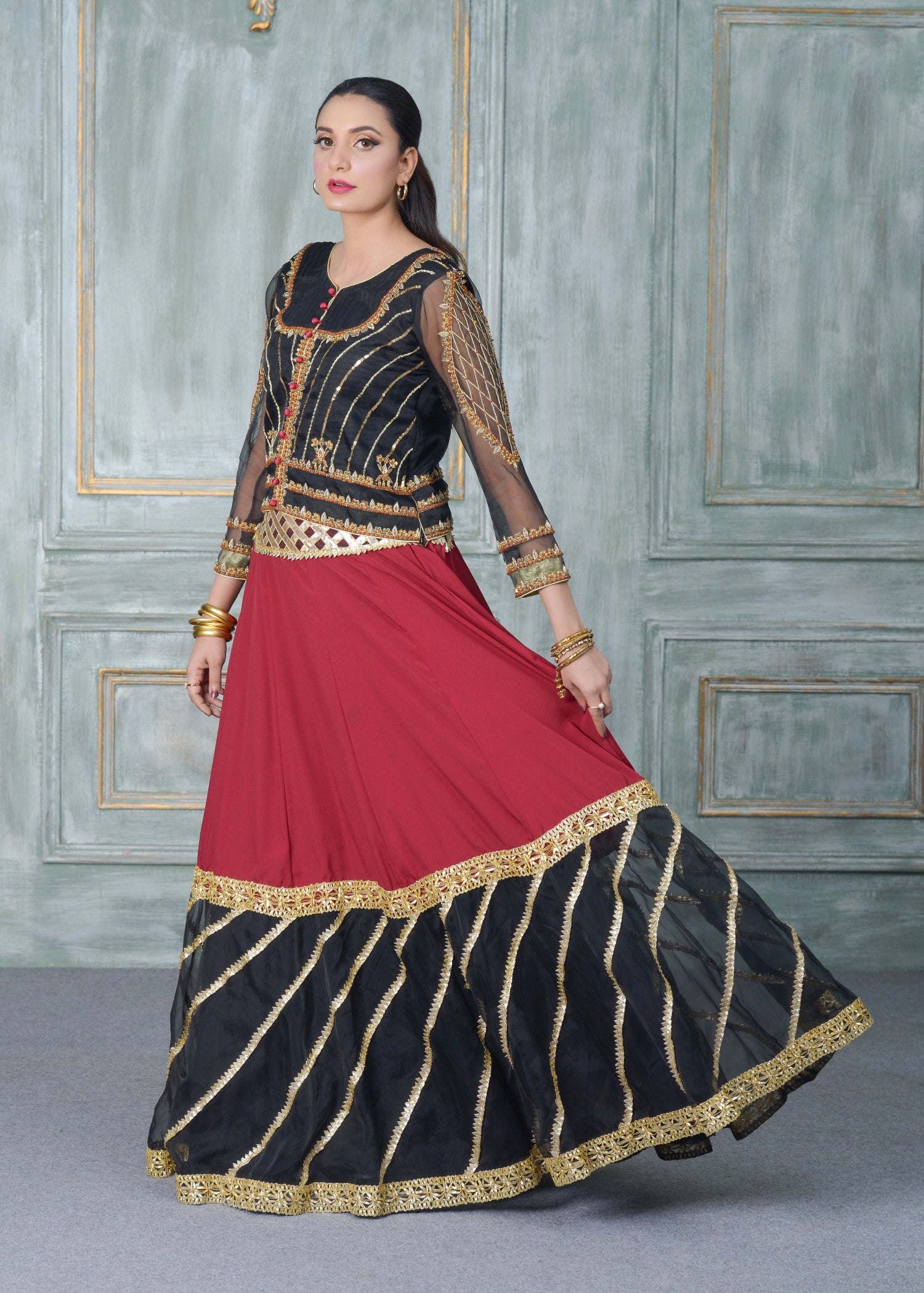 organza Lehenga in Black, maroon