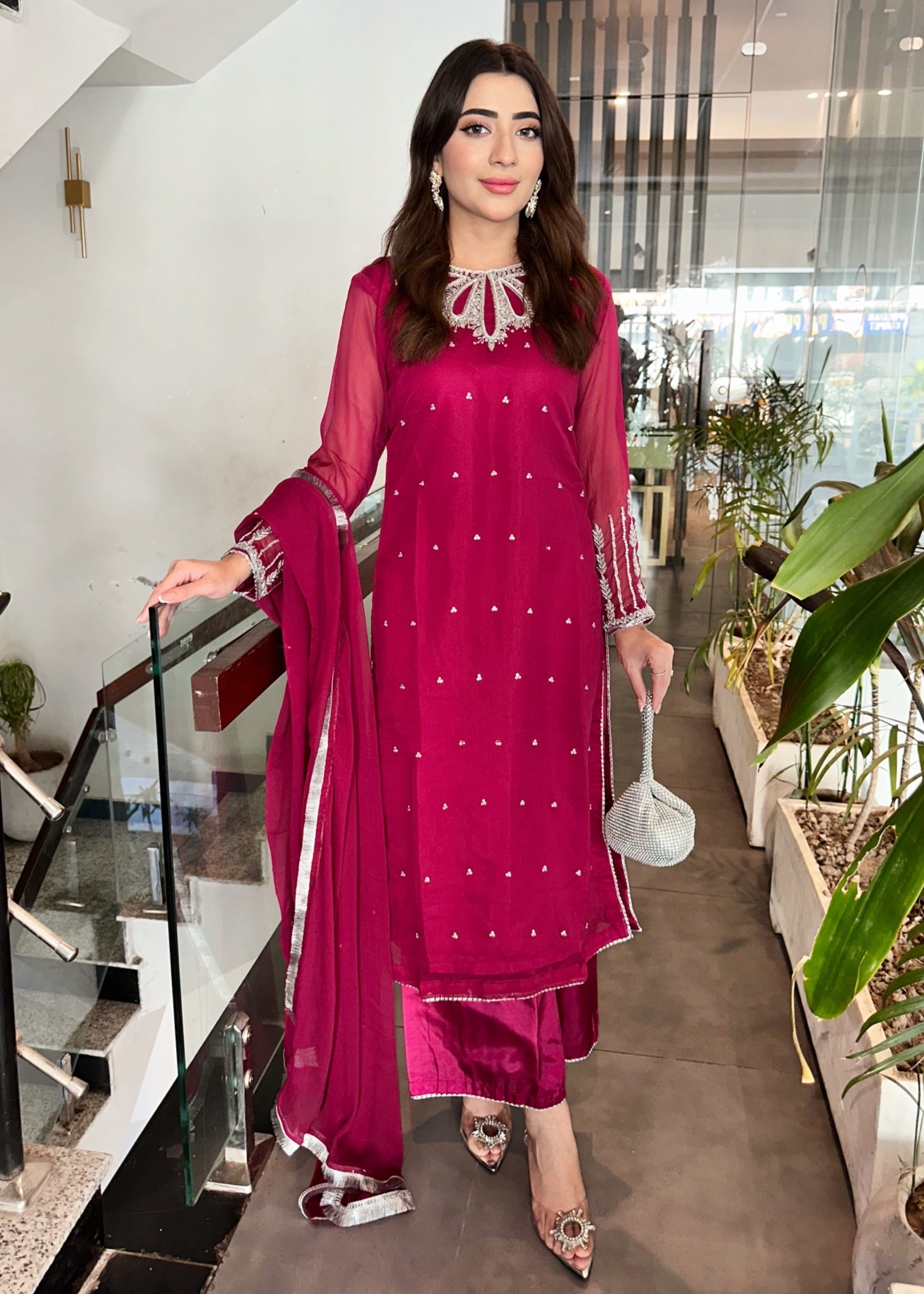 chiffon Kurta Set in Magenta haze