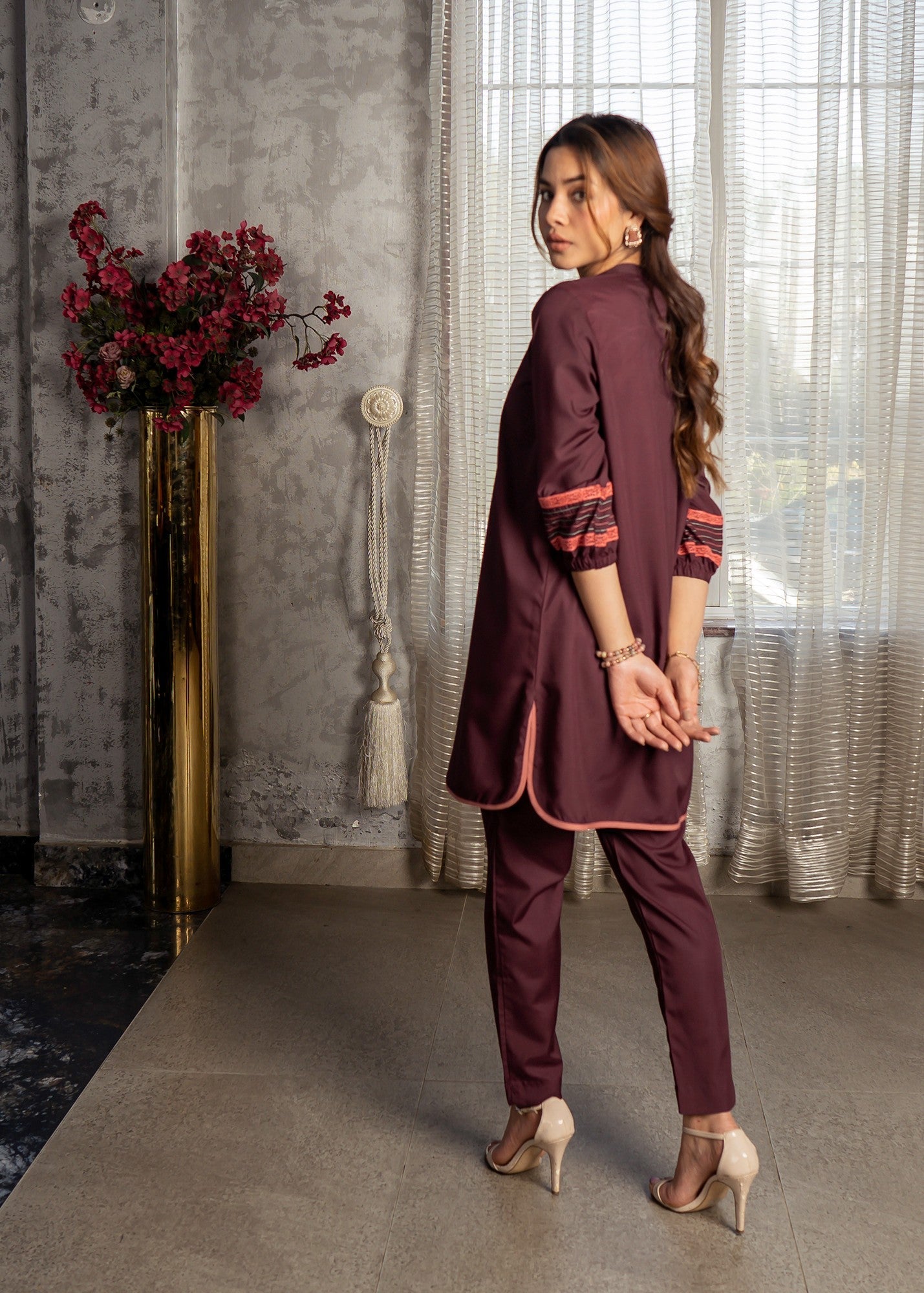 blended satin Co Ord Sets in Burgundy