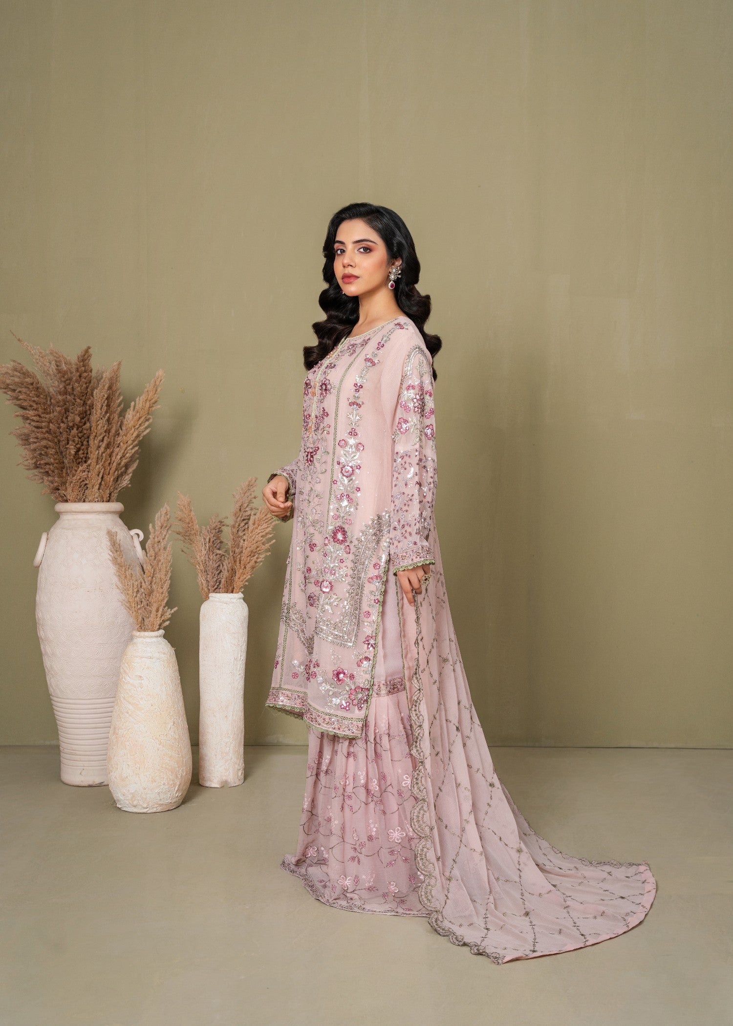 chiffon Gharara in Blush pink