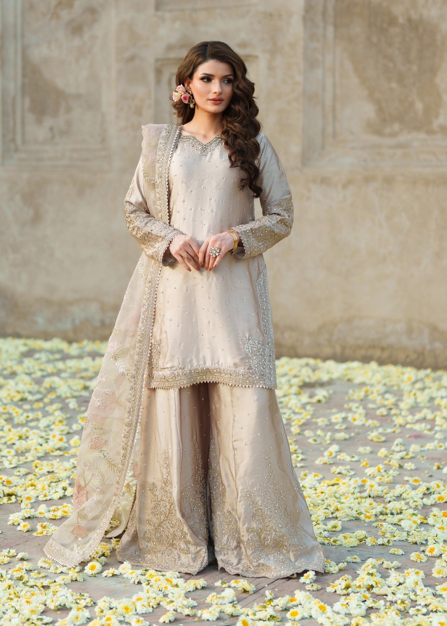 silk charmeuse Kurta Set in Beige