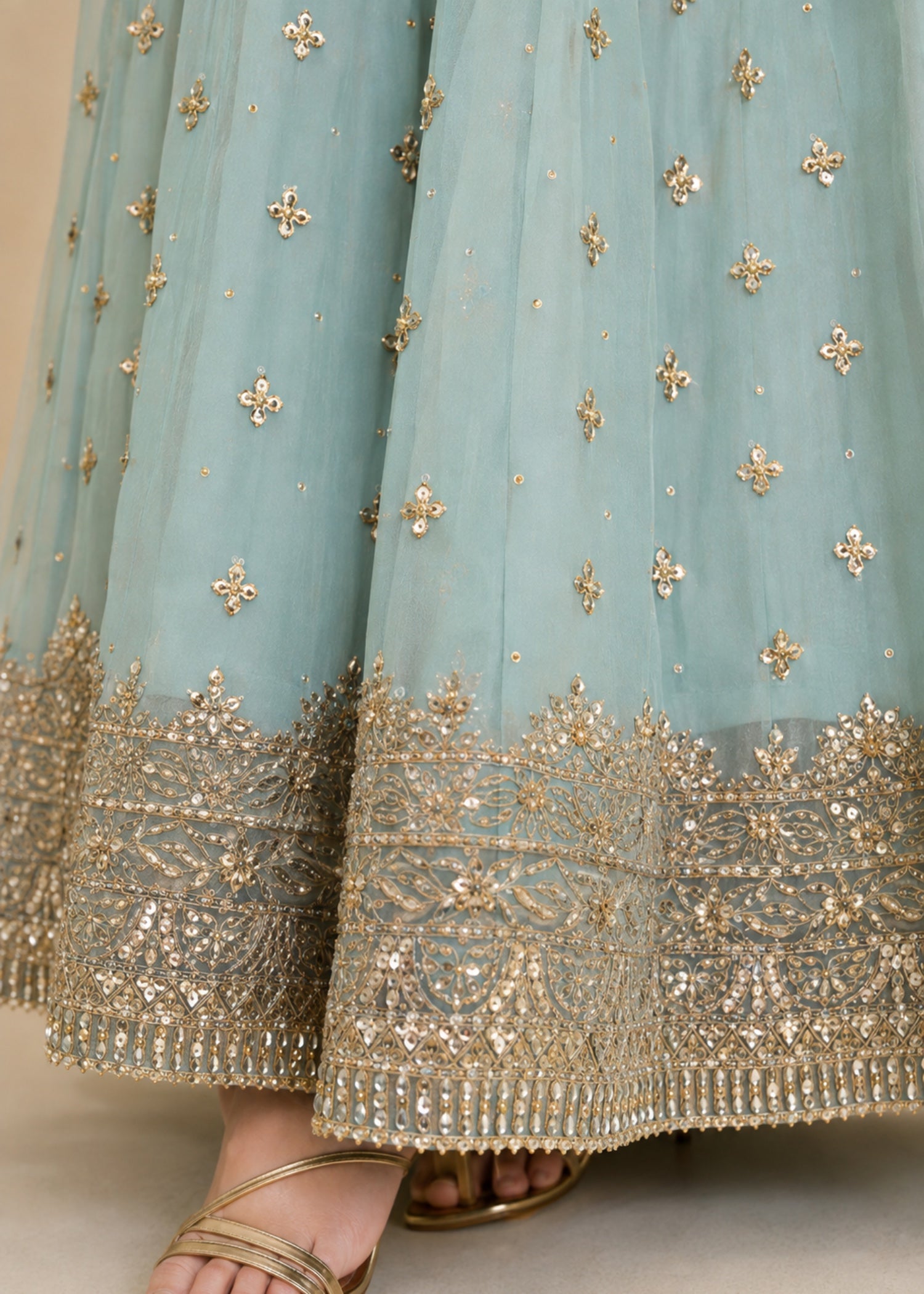 chiffon Pishwas in Aquamarine