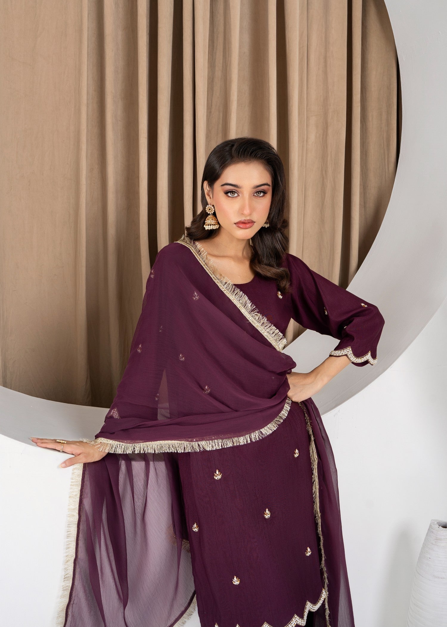 raw silk Kurta Set in Deep purple