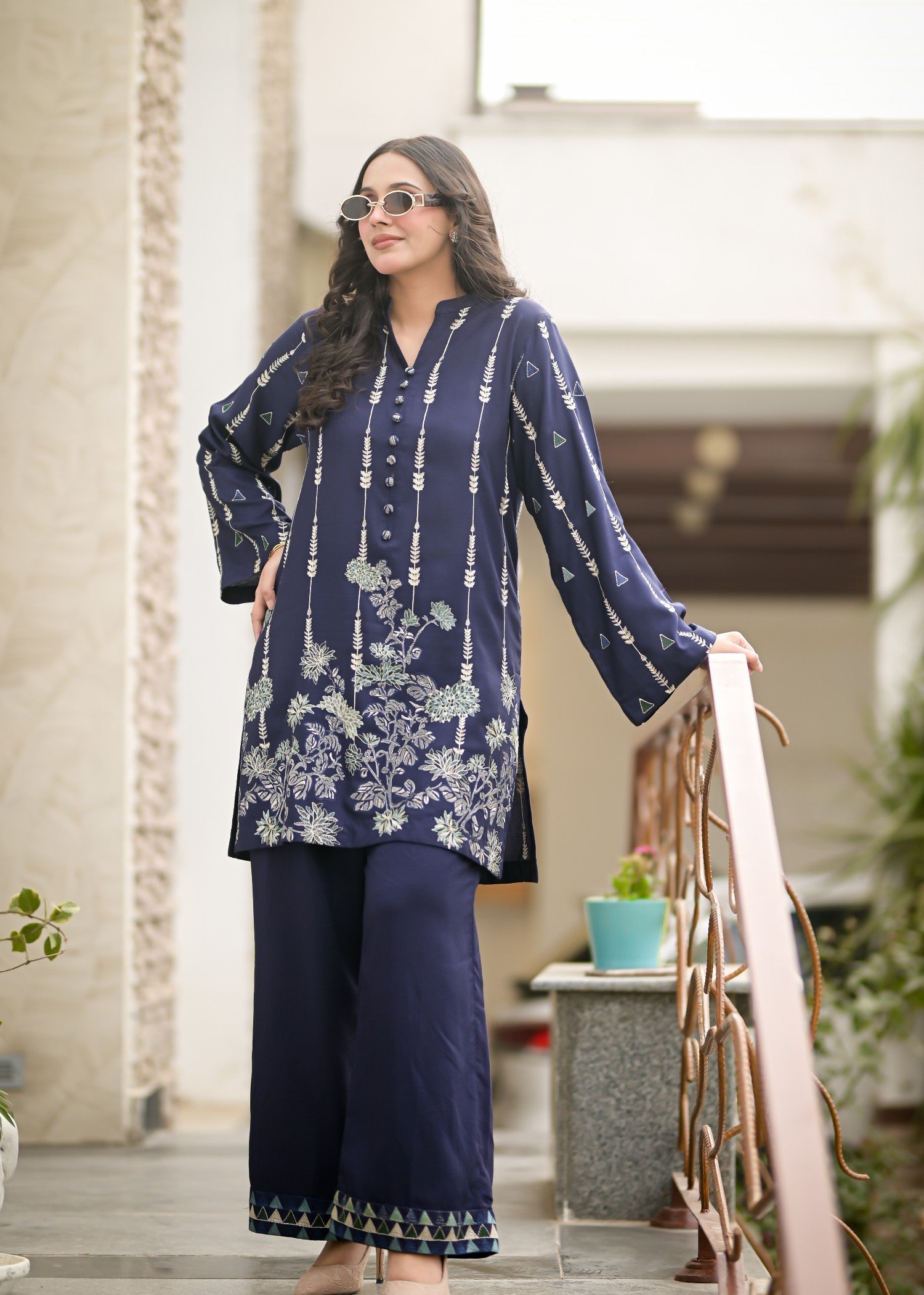linen Kurta Set in Navy blue