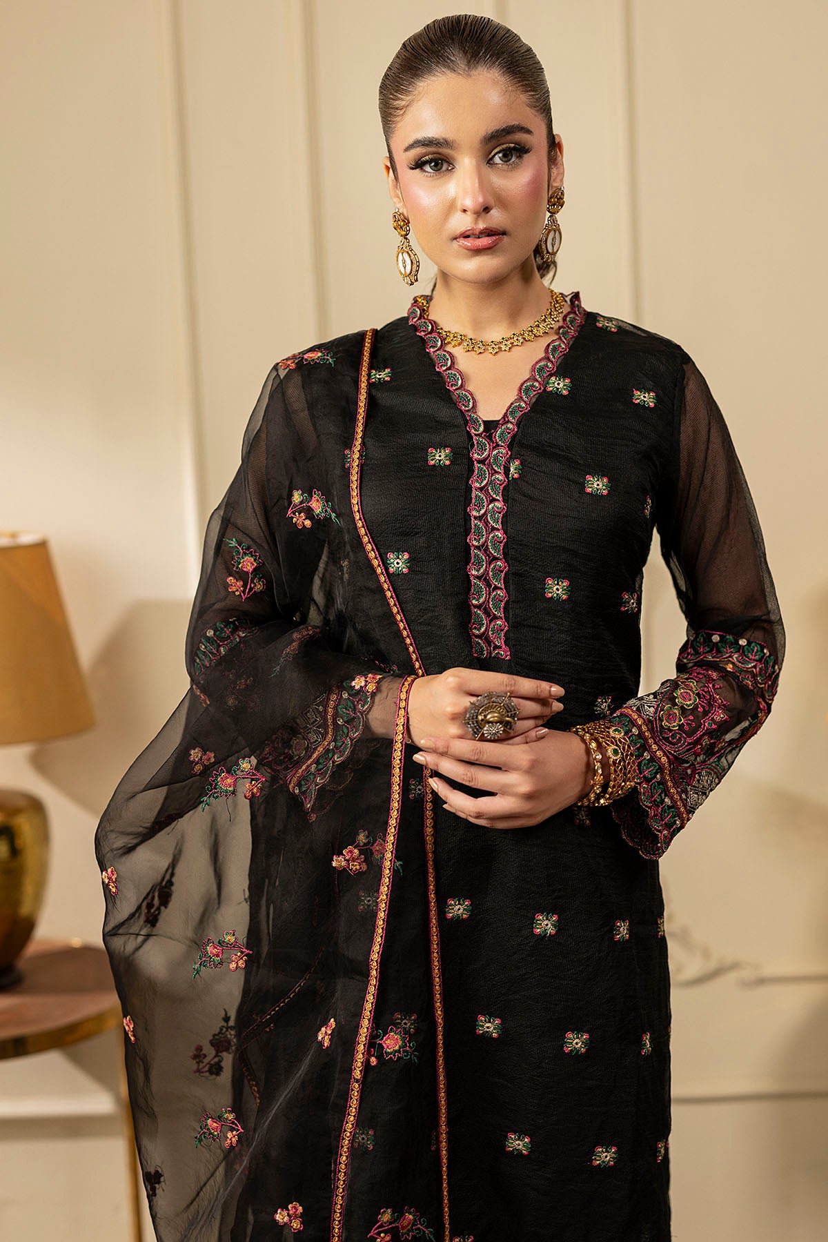 silk cotton net Kurta Set in Black