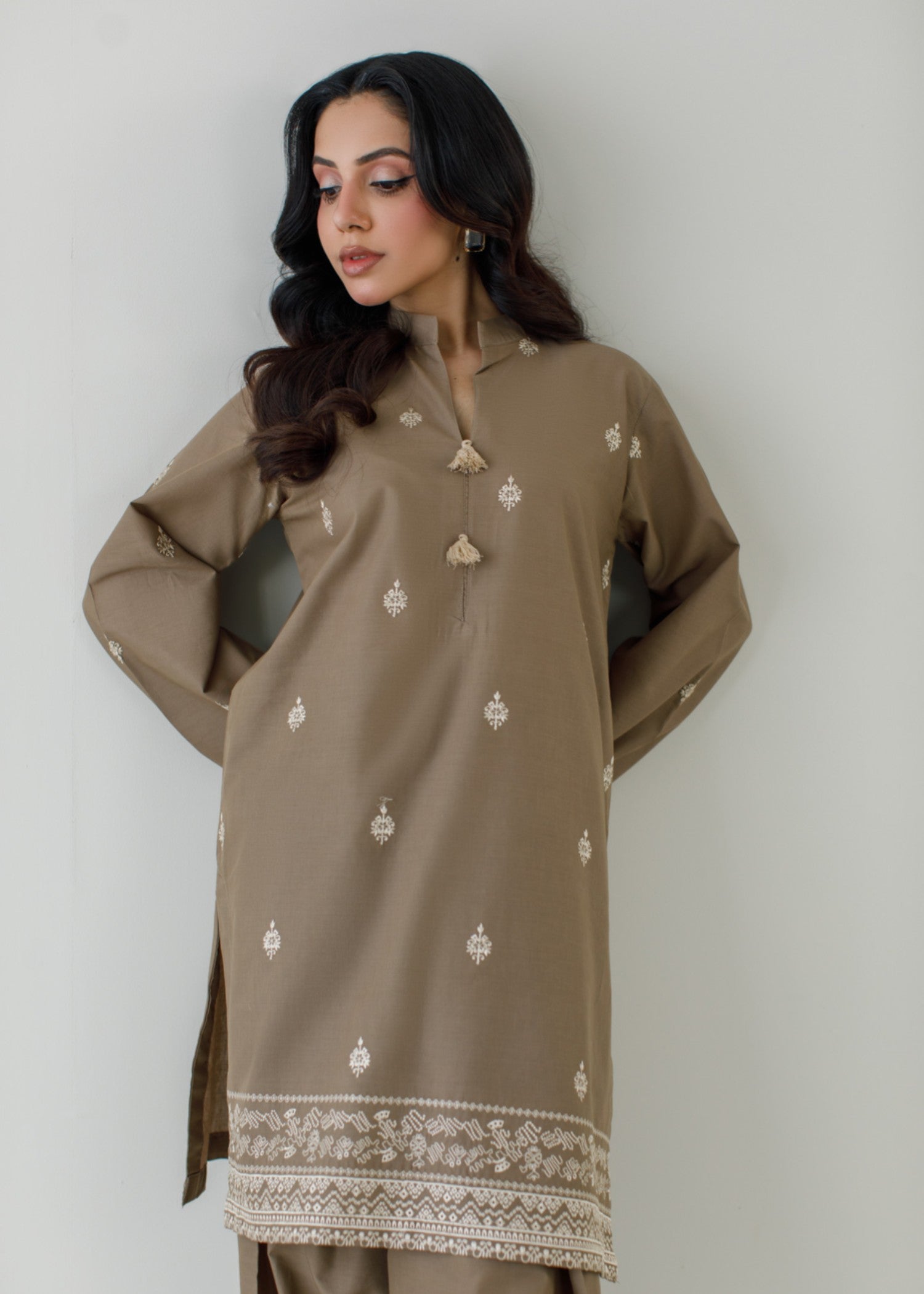 cambric Kurta Set in Camel brown