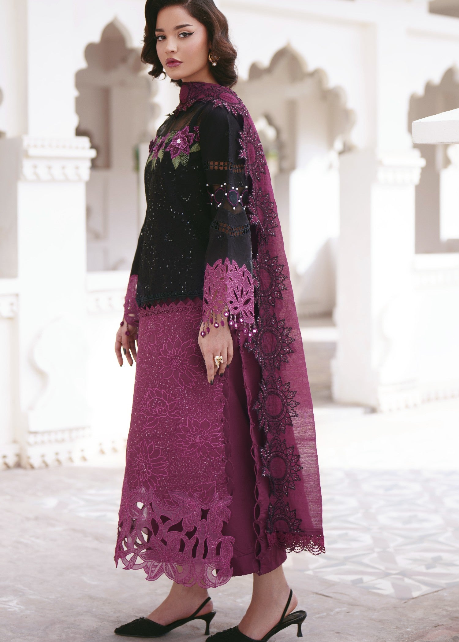 lawn Unstitched in Black, red violet
